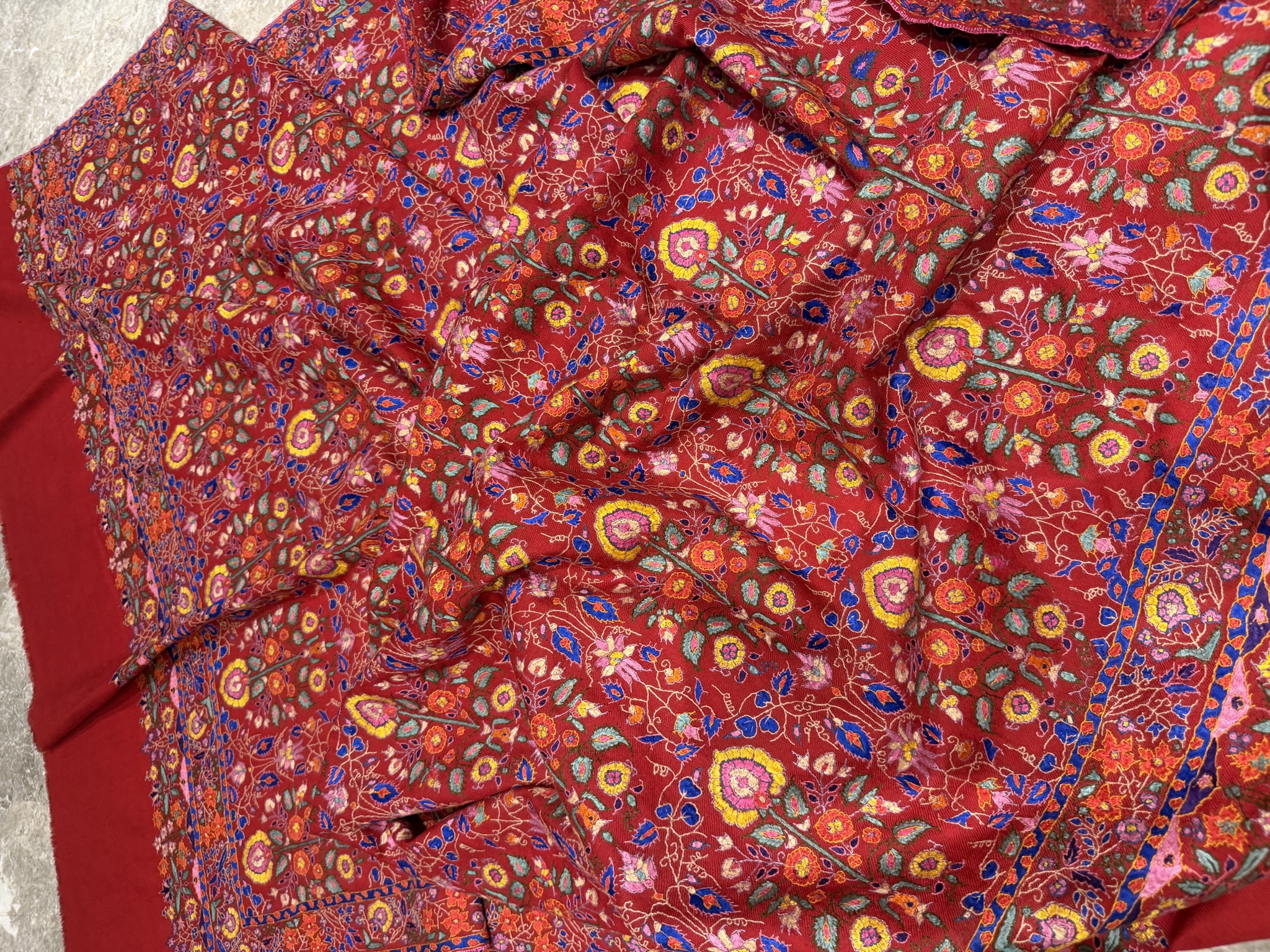 Pure Pashmina Hand Embroidered Sozni Shawl in Crimson — Pashmina, Kashmir, view 3