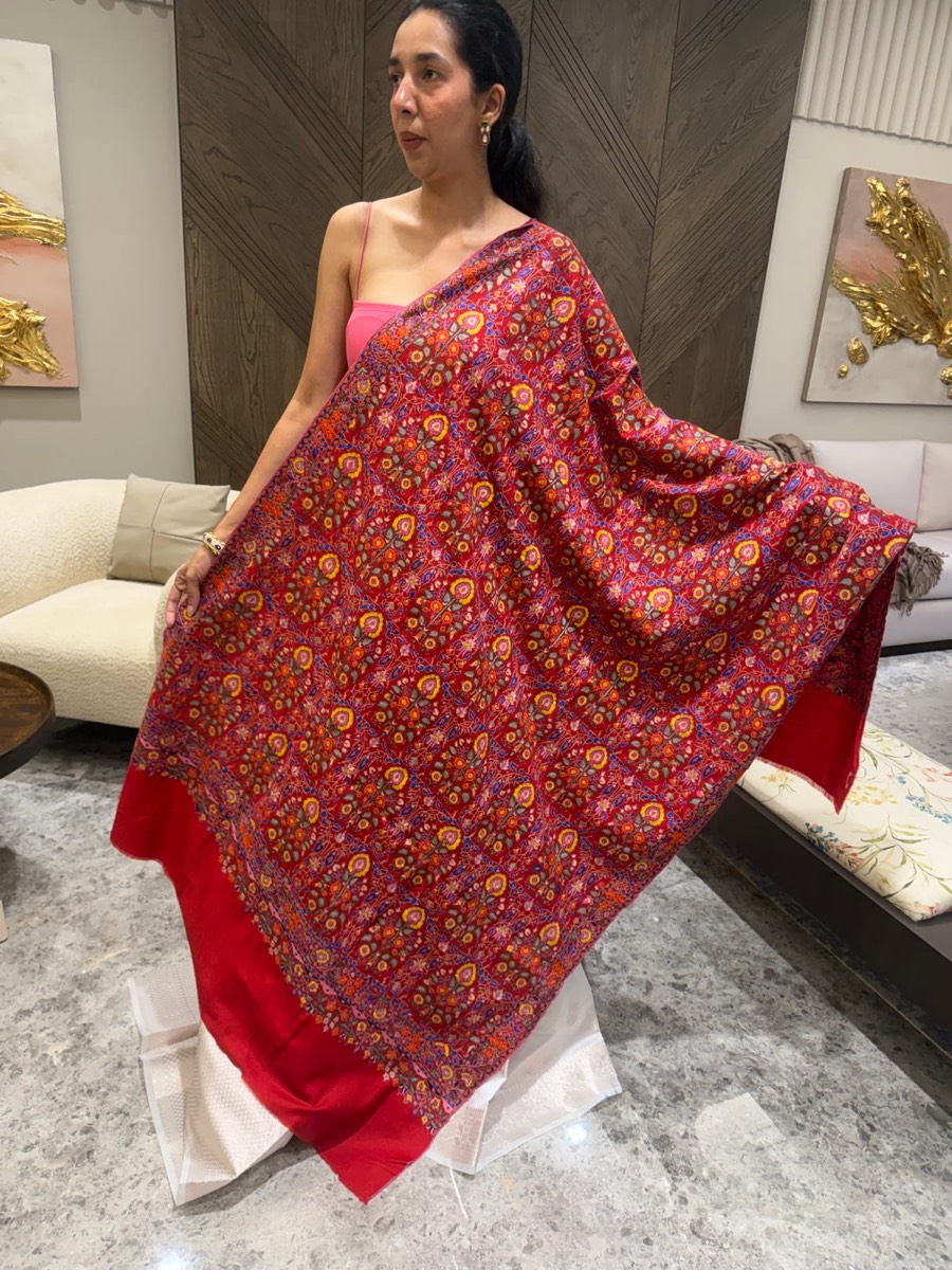 Pure Pashmina Hand Embroidered Sozni Shawl in Crimson — Pashmina, Kashmir