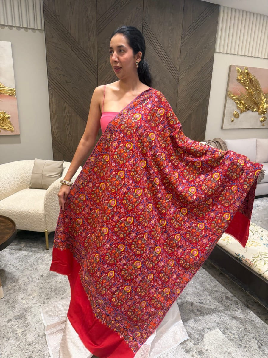 Pure Pashmina Hand Embroidered Sozni Shawl in Crimson — Pashmina, Kashmir, view 3