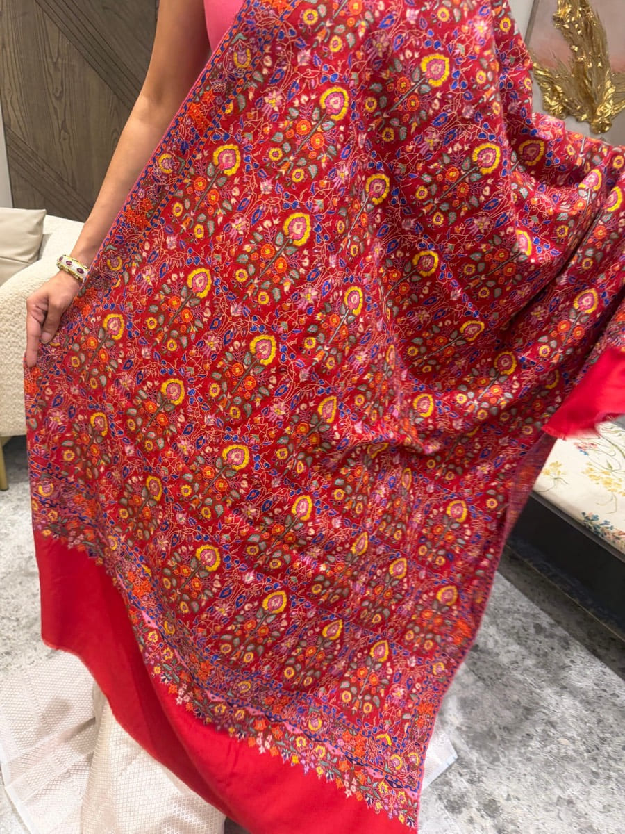 Pure Pashmina Hand Embroidered Sozni Shawl in Crimson — Pashmina, Kashmir, view 4