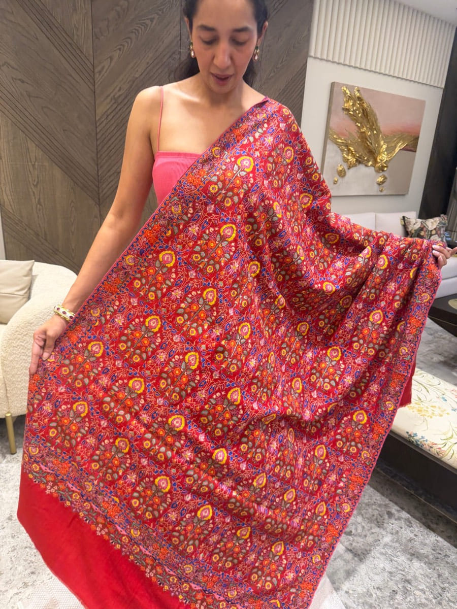 Pure Pashmina Hand Embroidered Sozni Shawl in Crimson — Pashmina, Kashmir, view 5
