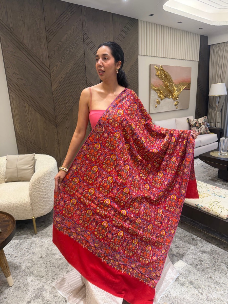 Pure Pashmina Hand Embroidered Sozni Shawl in Crimson — Pashmina, Kashmir
