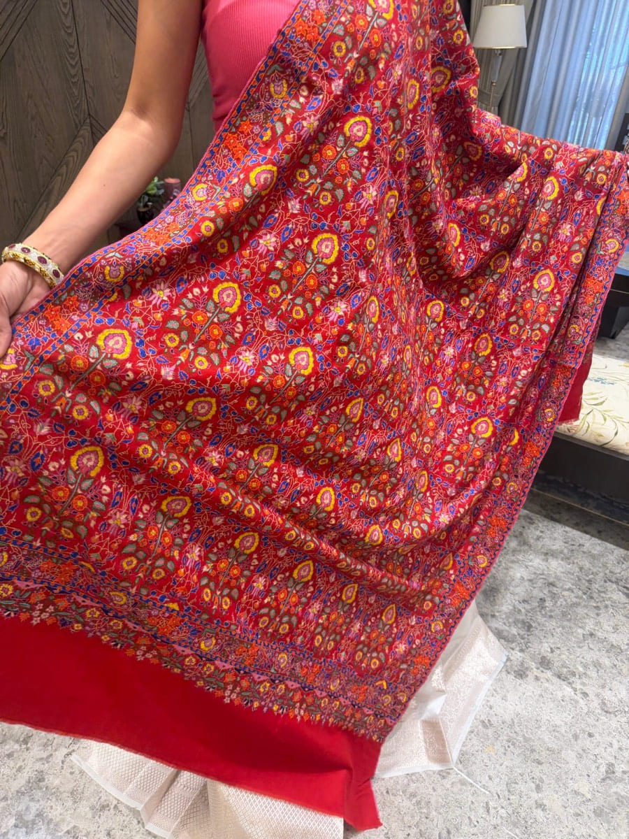 Pure Pashmina Hand Embroidered Sozni Shawl in Crimson — Pashmina, Kashmir, view 7