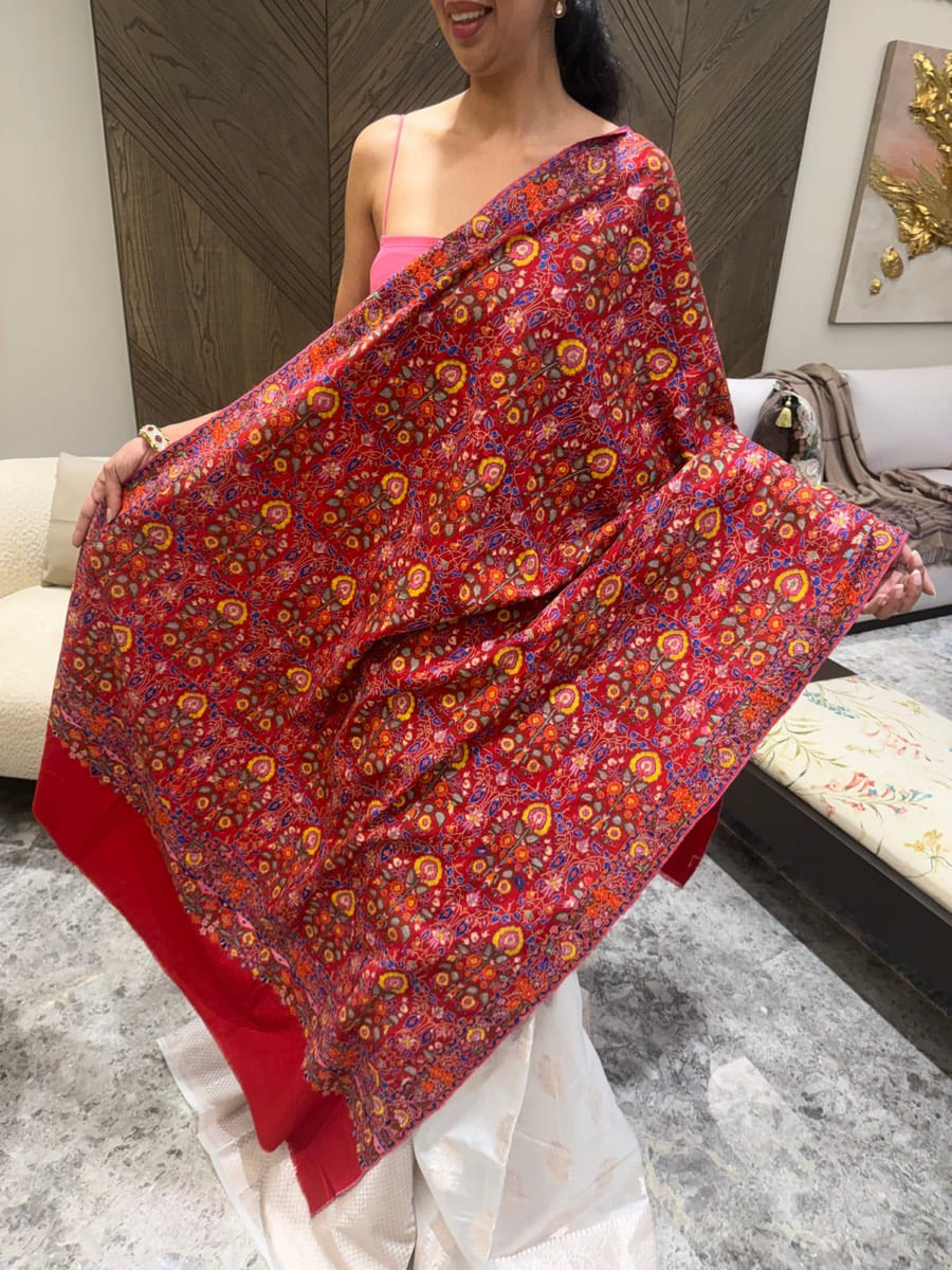 Pure Pashmina Hand Embroidered Sozni Shawl in Crimson — Pashmina, Kashmir, view 8