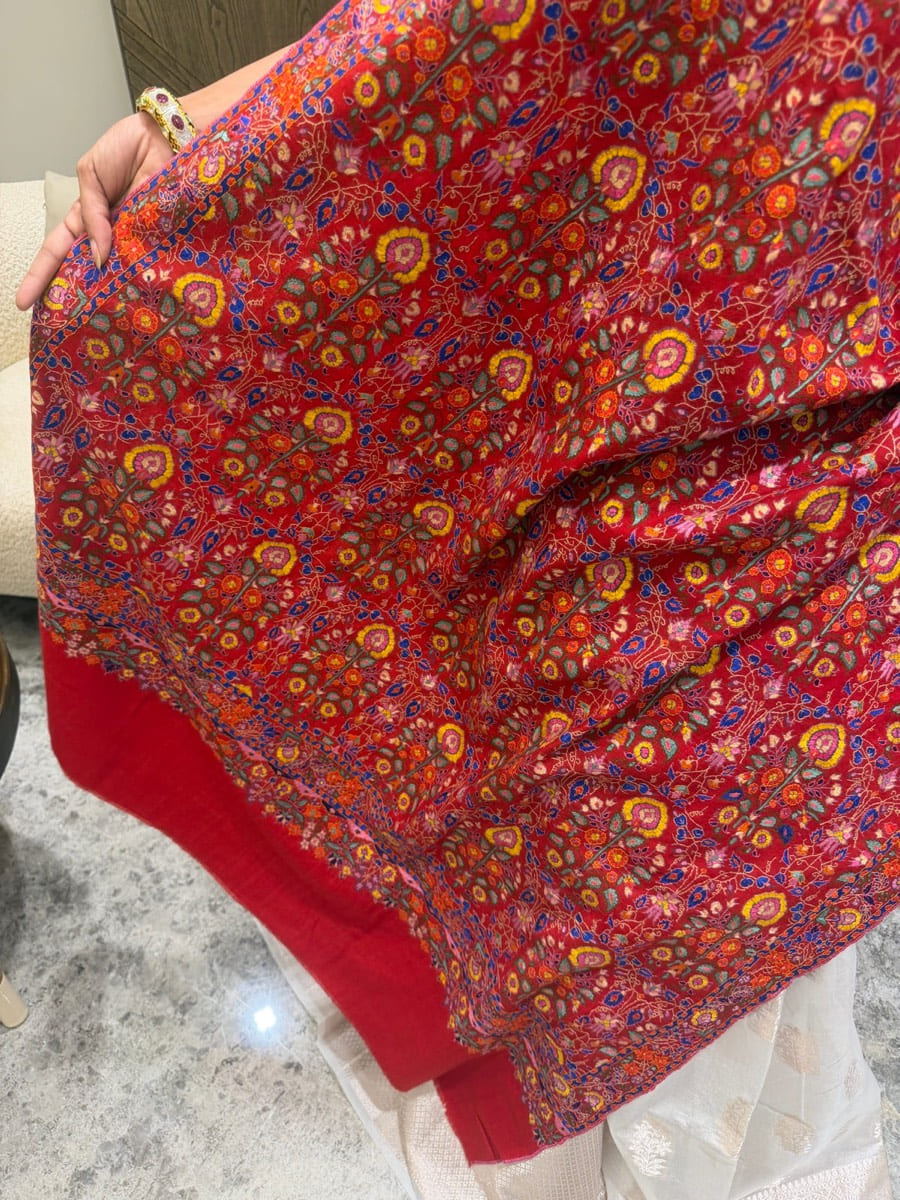 Pure Pashmina Hand Embroidered Sozni Shawl in Crimson — Pashmina, Kashmir, view 9