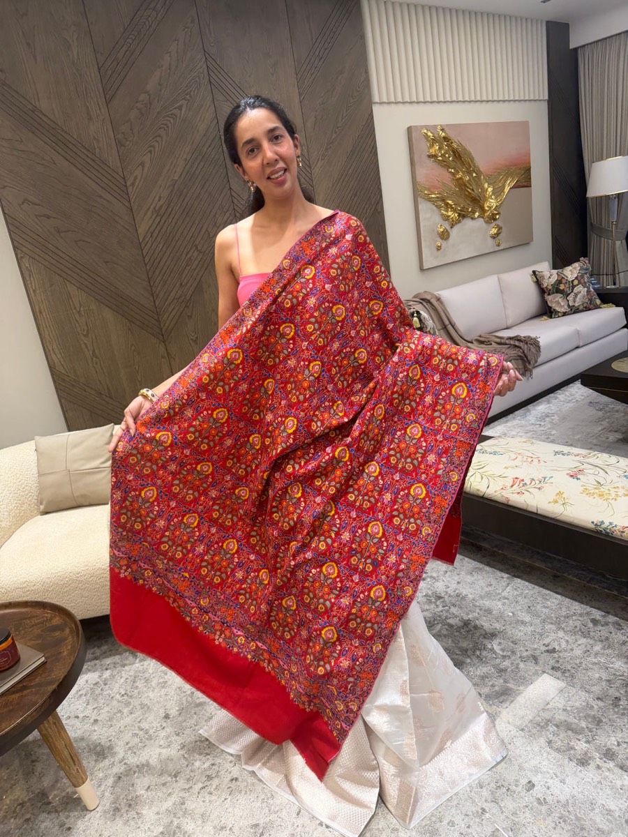 Pure Pashmina Hand Embroidered Sozni Shawl in Crimson — Pashmina, Kashmir, view 10