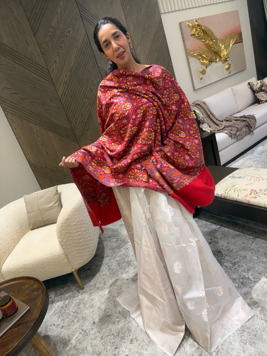 Pure Pashmina Hand Embroidered Sozni Shawl in Crimson — Pashmina, Kashmir, view 12