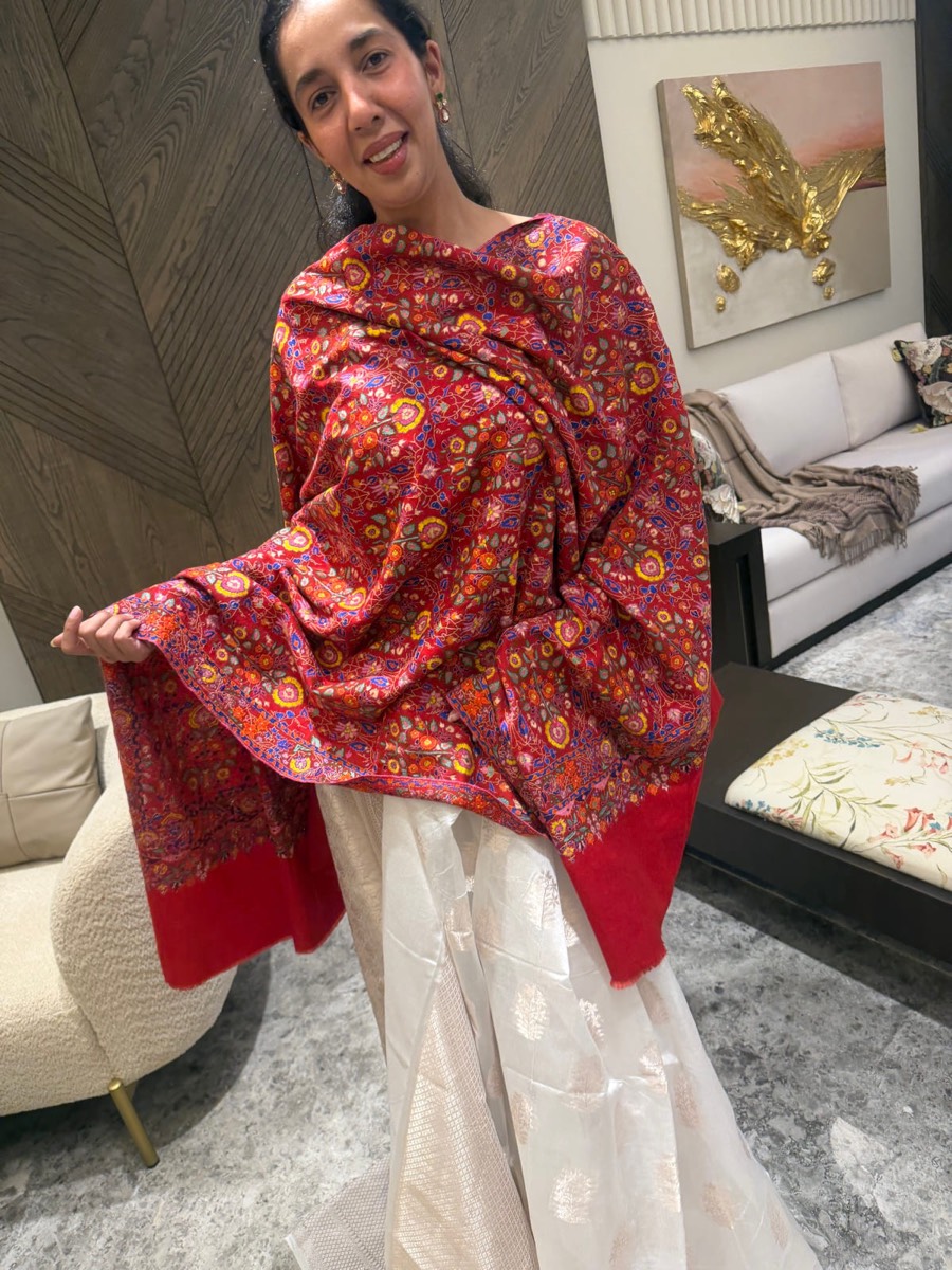 Pure Pashmina Hand Embroidered Sozni Shawl in Crimson — Pashmina, Kashmir, view 13