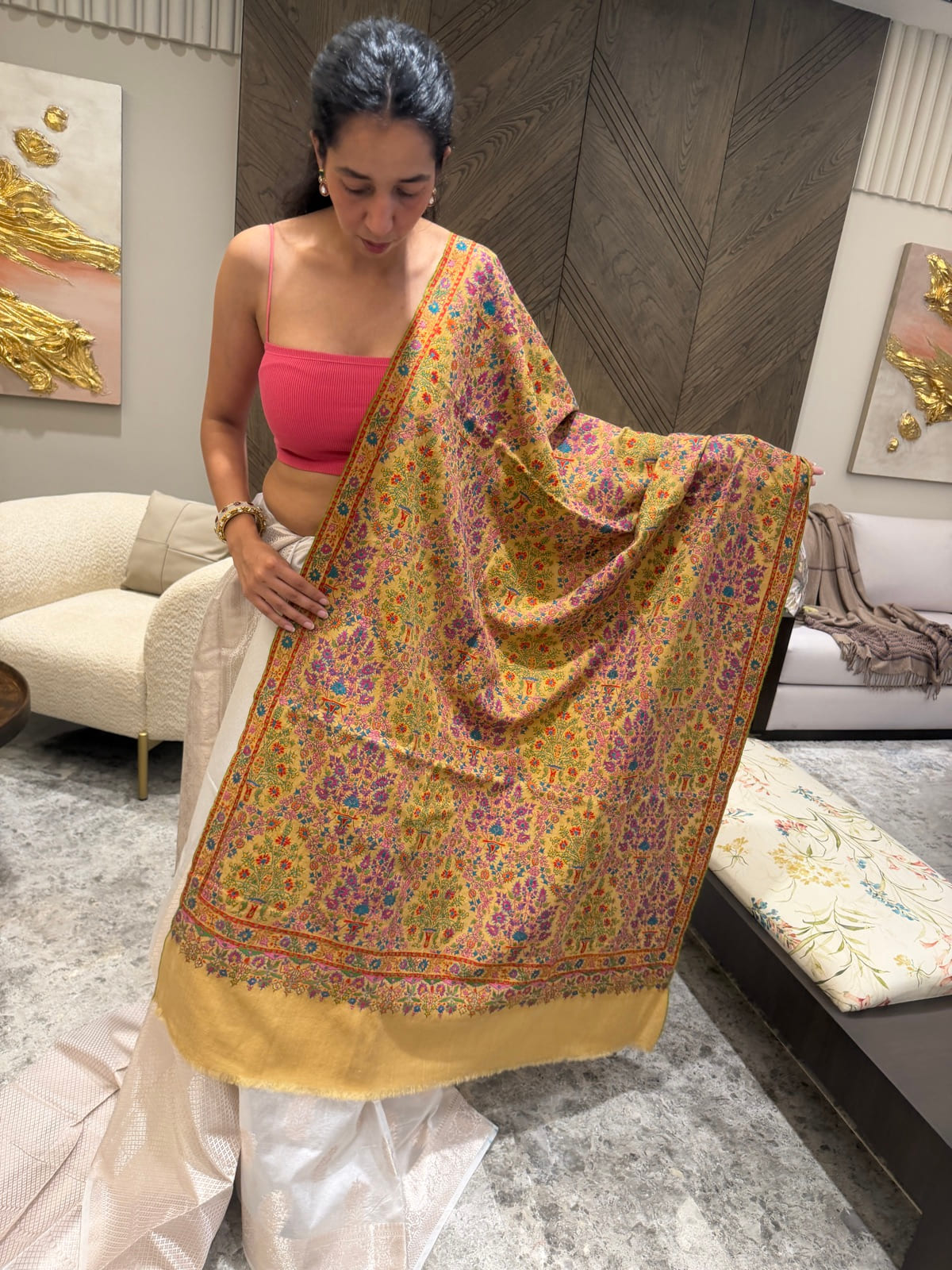 Ladies Pure Pashmina Hand Embroidered Sozni Needlework Shawl in Mustard — Hand Woven, Pure Pashmina, Kashmir, view 2