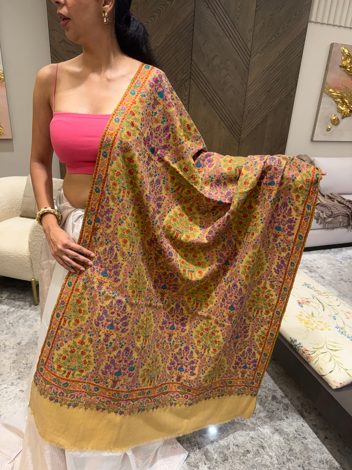 Ladies Pure Pashmina Hand Embroidered Sozni Needlework Shawl in Mustard — Hand Woven, Pure Pashmina, Kashmir, view 4