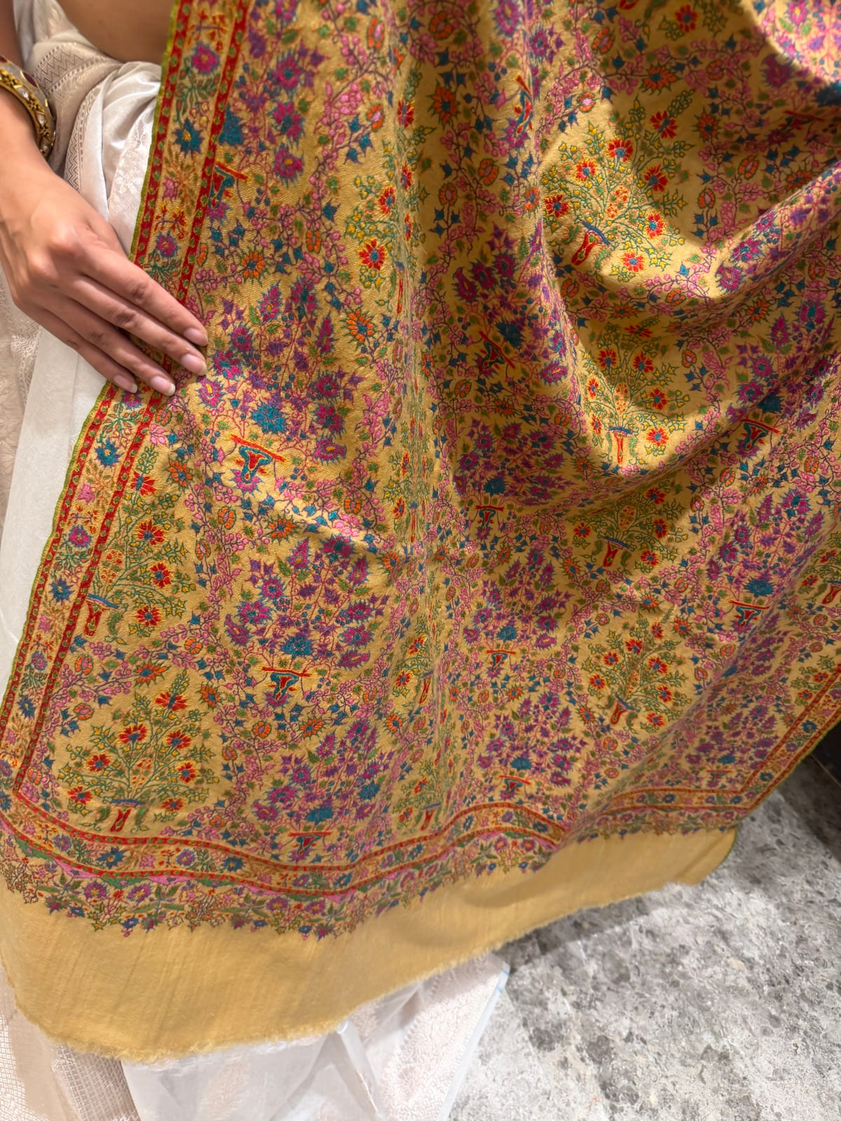 Ladies Pure Pashmina Hand Embroidered Sozni Needlework Shawl in Mustard — Hand Woven, Pure Pashmina, Kashmir, view 5