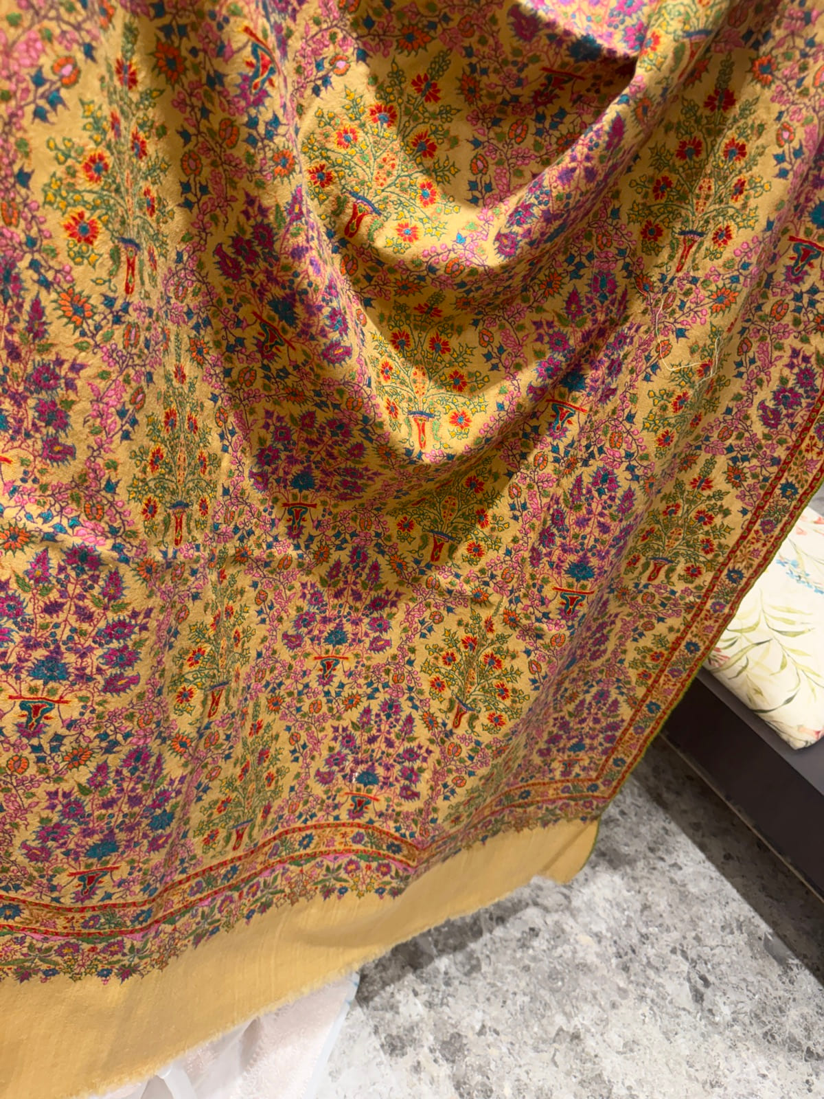 Ladies Pure Pashmina Hand Embroidered Sozni Needlework Shawl in Mustard — Hand Woven, Pure Pashmina, Kashmir, view 6