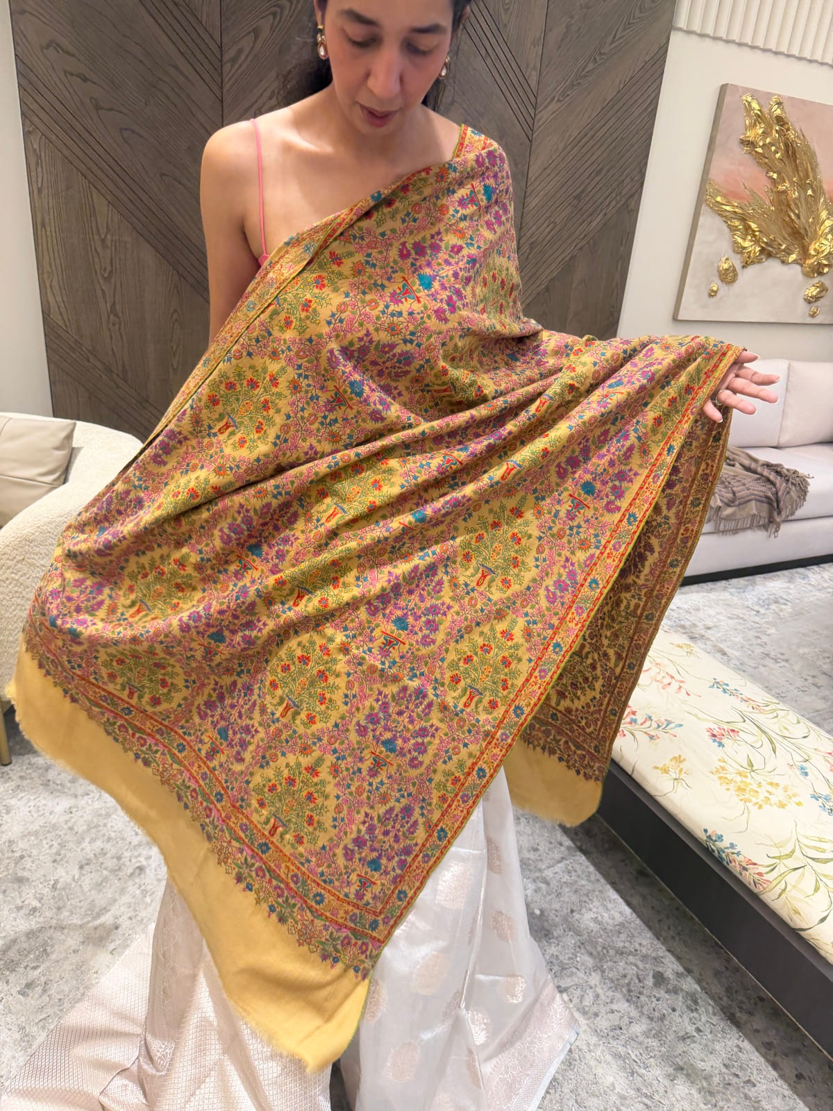 Ladies Pure Pashmina Hand Embroidered Sozni Needlework Shawl in Mustard — Hand Woven, Pure Pashmina, Kashmir, view 8
