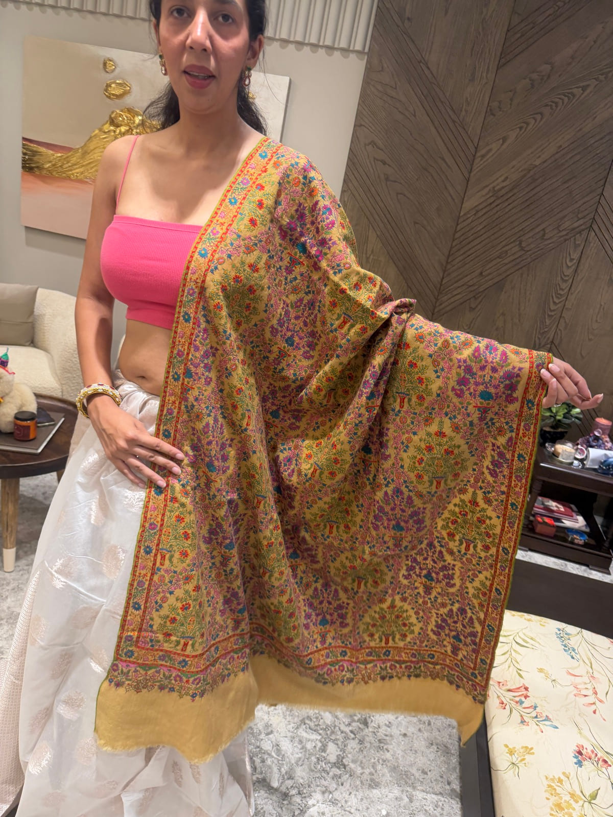 Ladies Pure Pashmina Hand Embroidered Sozni Needlework Shawl in Mustard — Hand Woven, Pure Pashmina, Kashmir, view 9