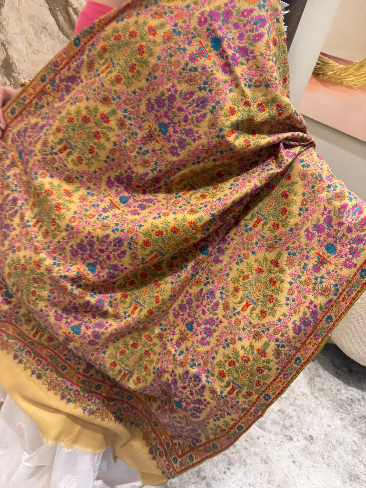 Ladies Pure Pashmina Hand Embroidered Sozni Needlework Shawl in Mustard — Hand Woven, Pure Pashmina, Kashmir, view 10