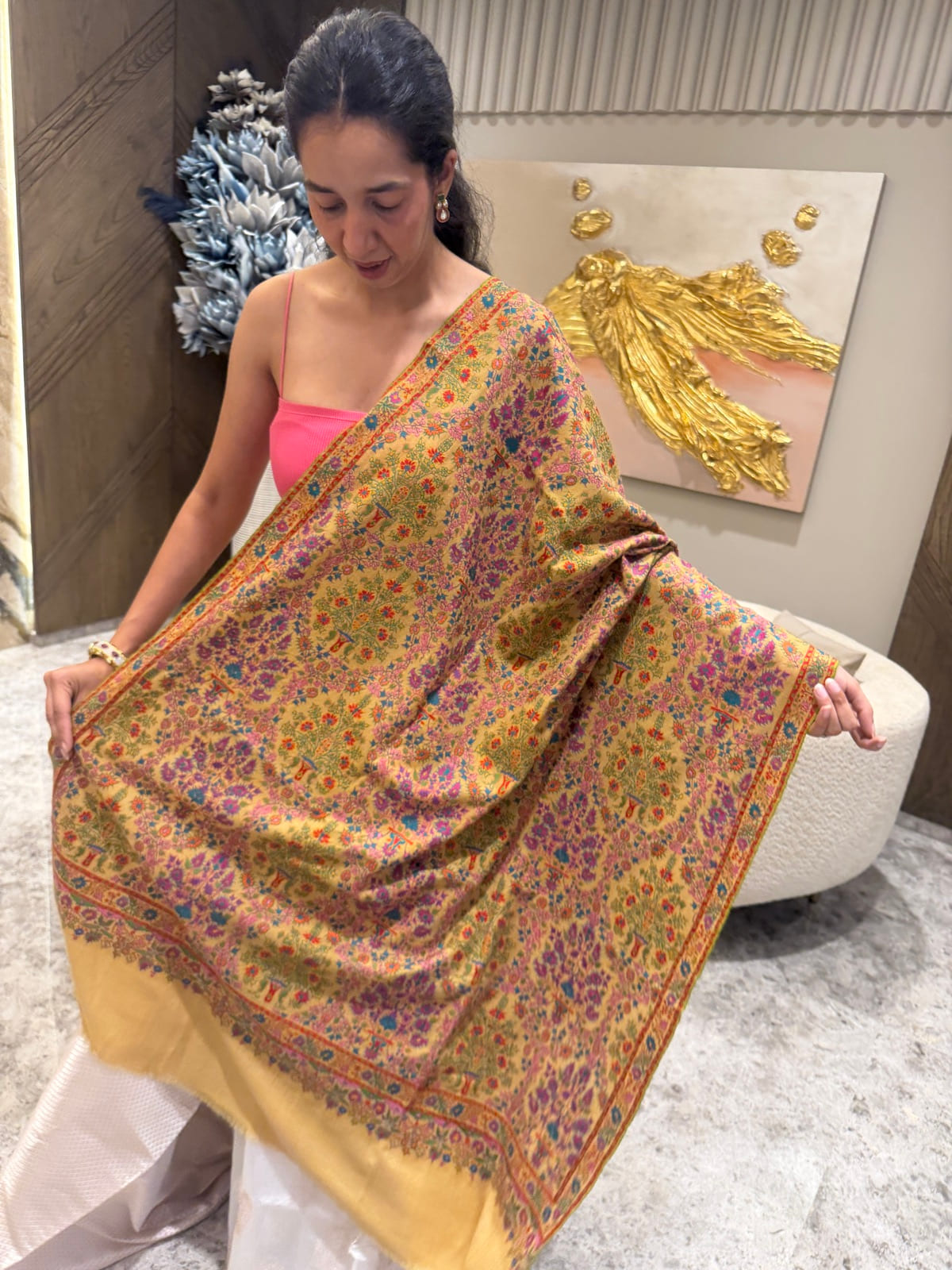 Ladies Pure Pashmina Hand Embroidered Sozni Needlework Shawl in Mustard — Hand Woven, Pure Pashmina, Kashmir, view 11