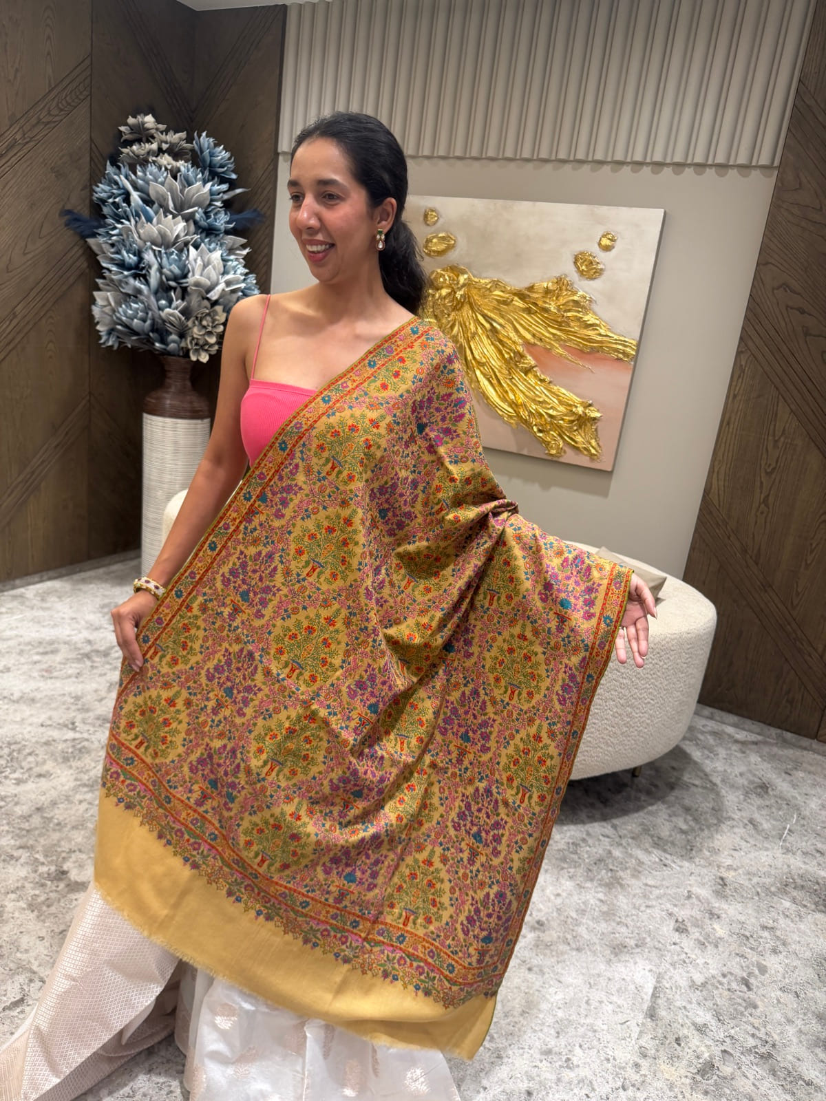 Ladies Pure Pashmina Hand Embroidered Sozni Needlework Shawl in Mustard — Hand Woven, Pure Pashmina, Kashmir, view 12