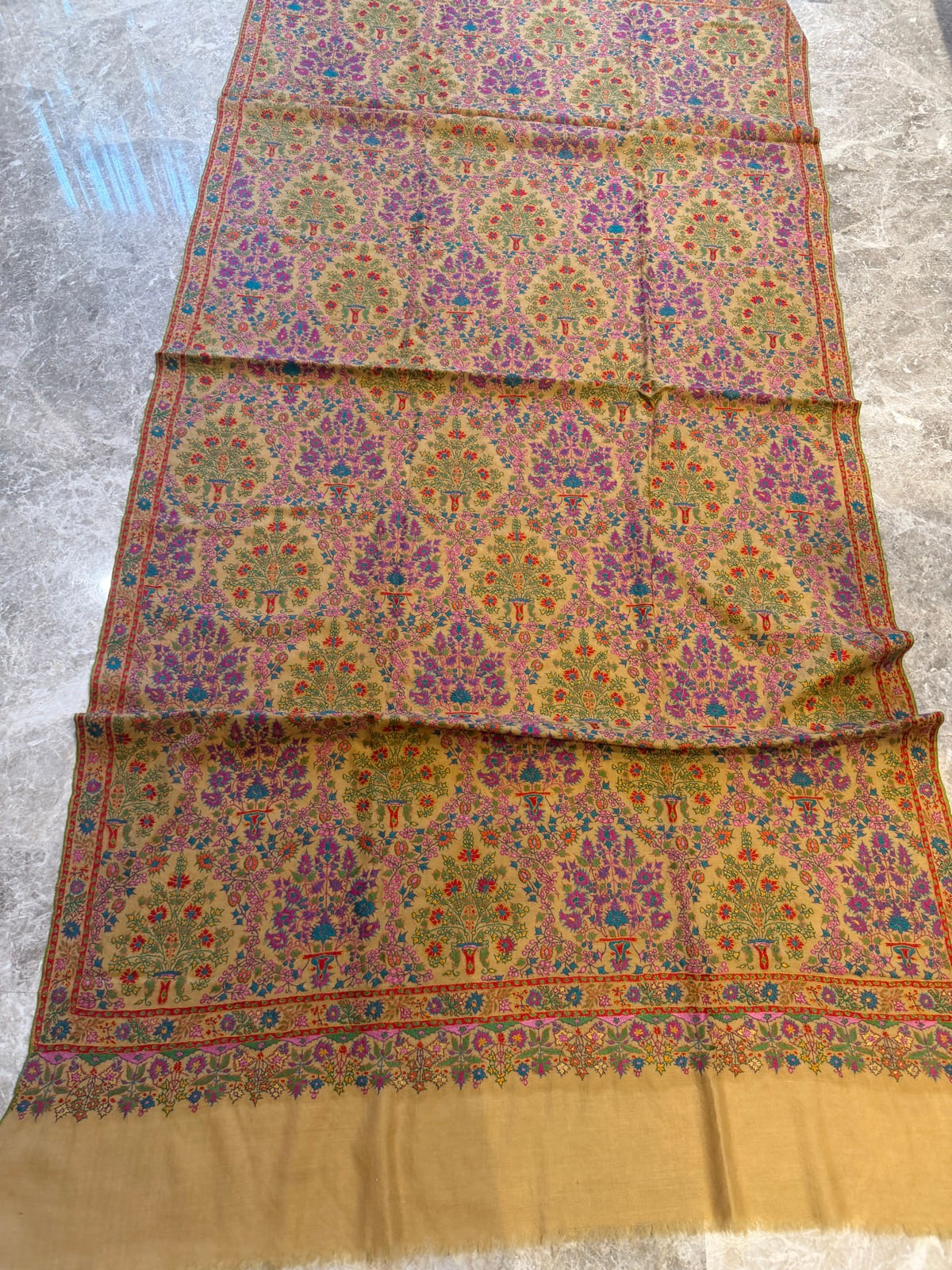 Ladies Pure Pashmina Hand Embroidered Sozni Needlework Shawl in Mustard — Hand Woven, Pure Pashmina, Kashmir, view 14