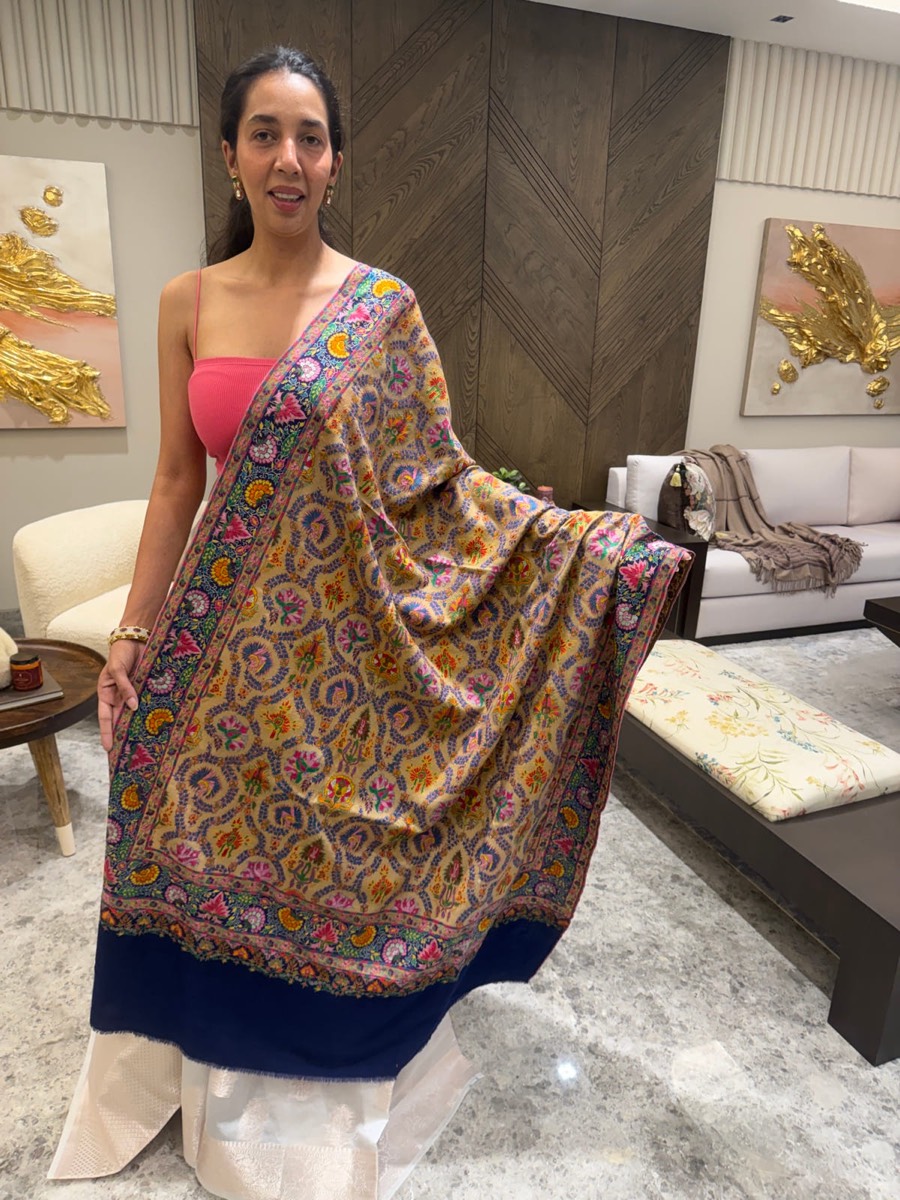Pure Pashmina Hand Embroidered Sozni Shawl in Natural — Pashmina, Kashmir