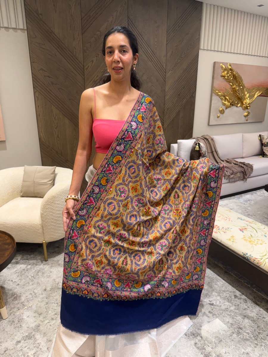 Pure Pashmina Hand Embroidered Sozni Shawl in Natural — Pashmina, Kashmir, view 12