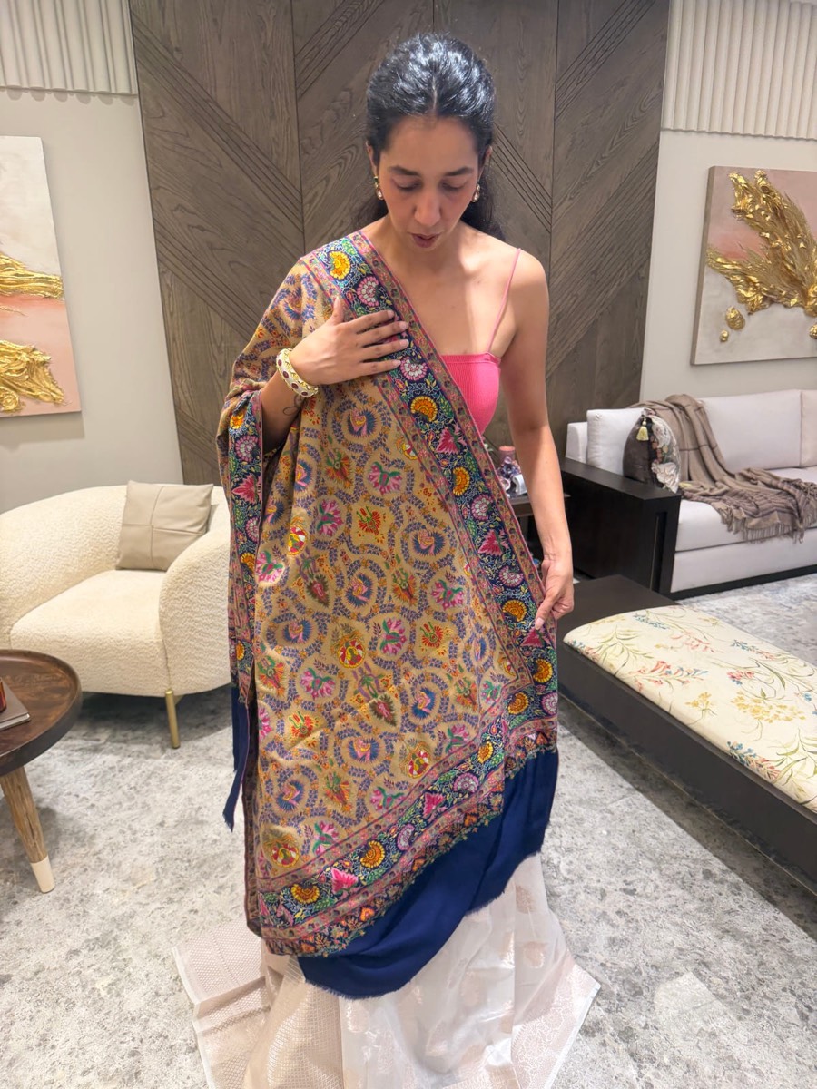Pure Pashmina Hand Embroidered Sozni Shawl in Natural — Pashmina, Kashmir, view 13