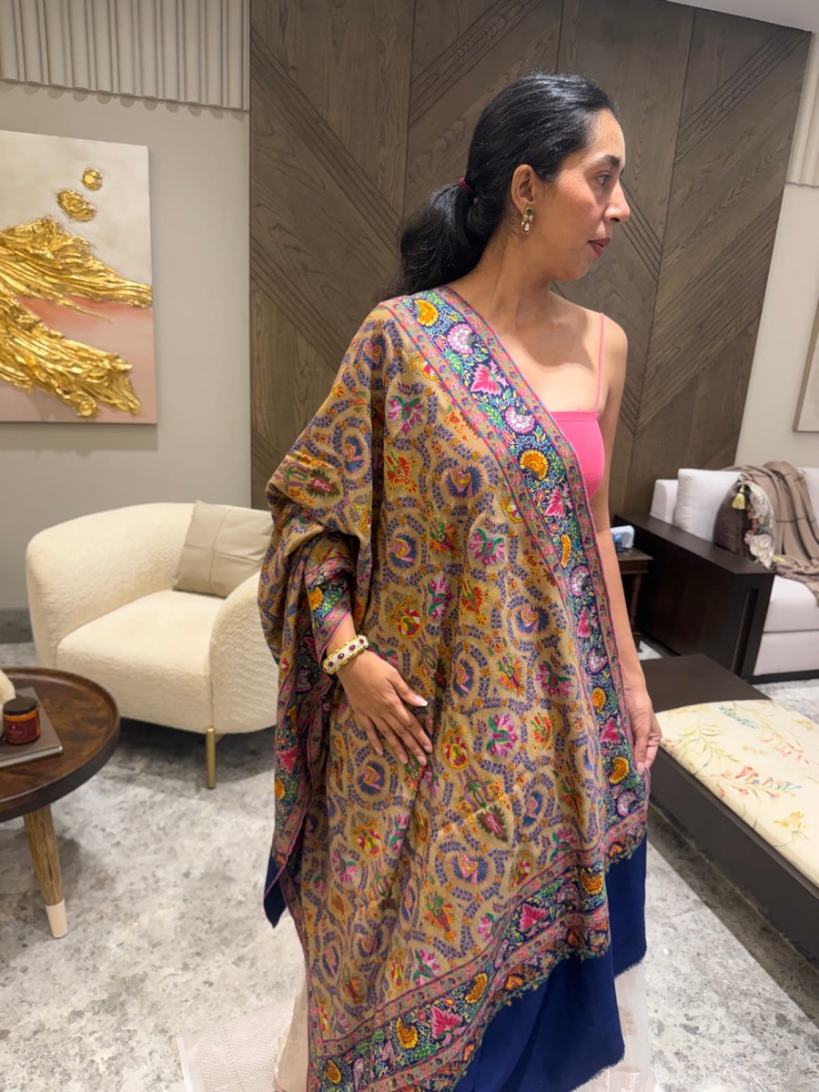 Pure Pashmina Hand Embroidered Sozni Shawl in Natural — Pashmina, Kashmir, view 14