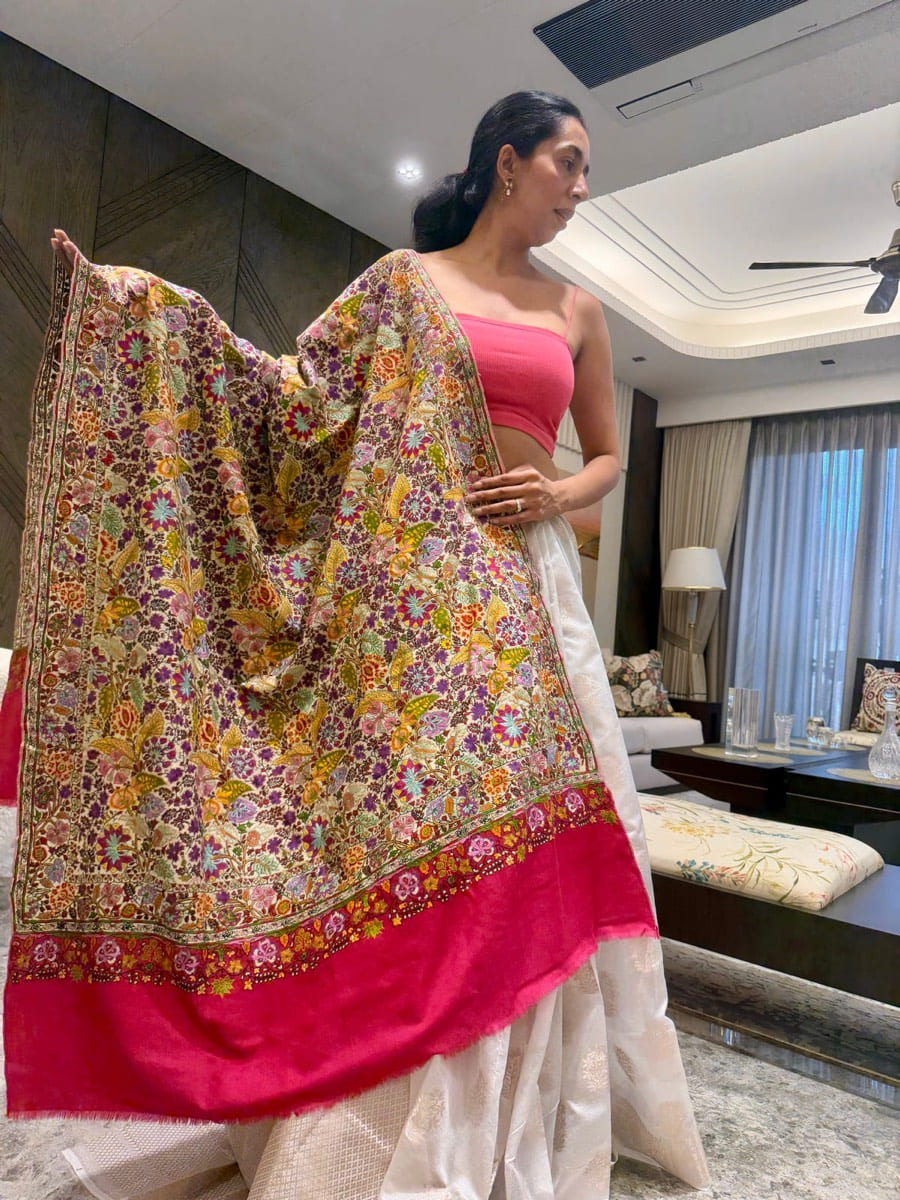 Ladies Pure Pashmina Hand Embroidered Sozni Needlework Shawl — Hand Woven, Pure Pashmina, Kashmir, view 6