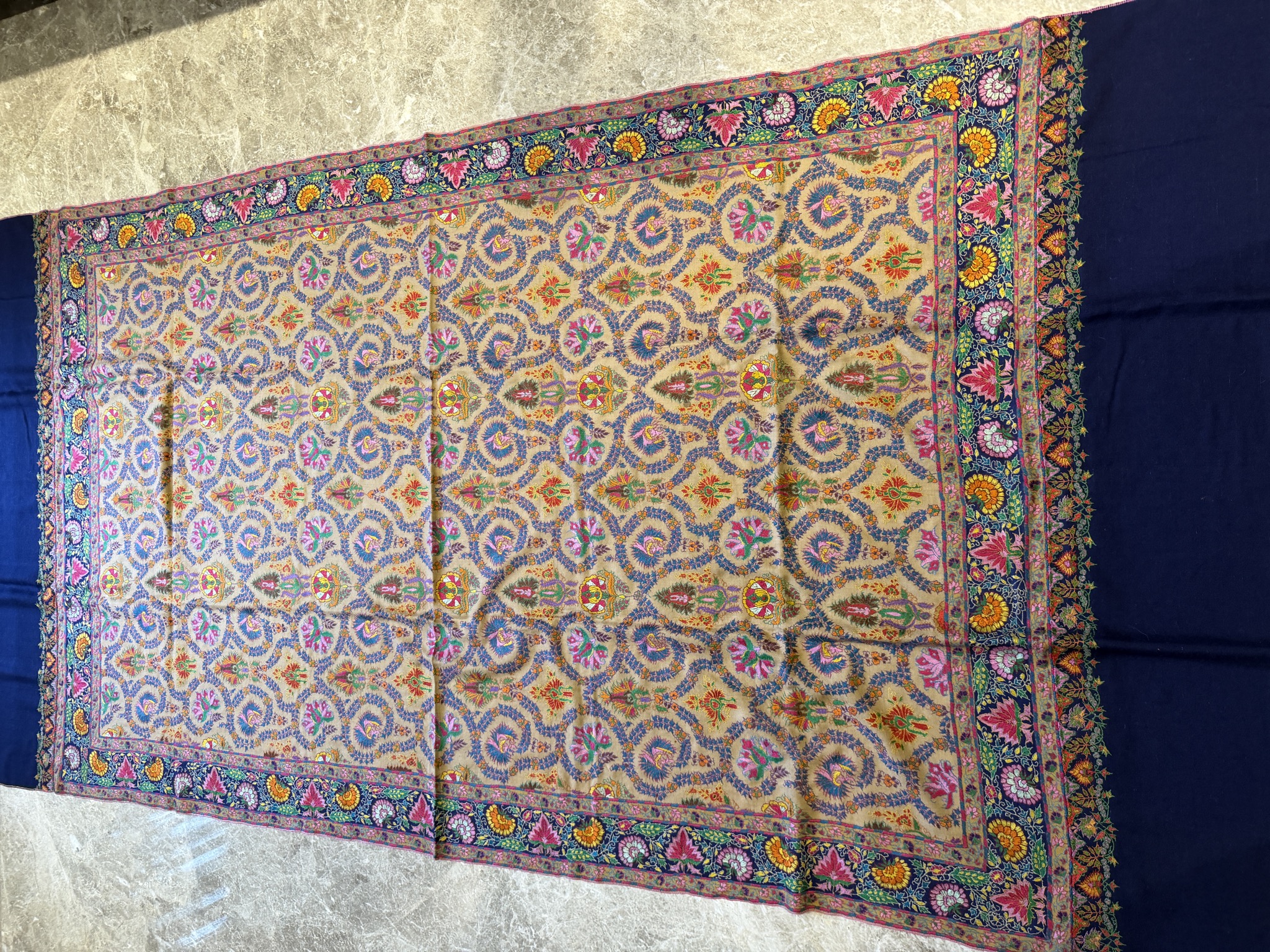 Pure Pashmina Hand Embroidered Sozni Shawl in Natural — Pashmina, Kashmir
