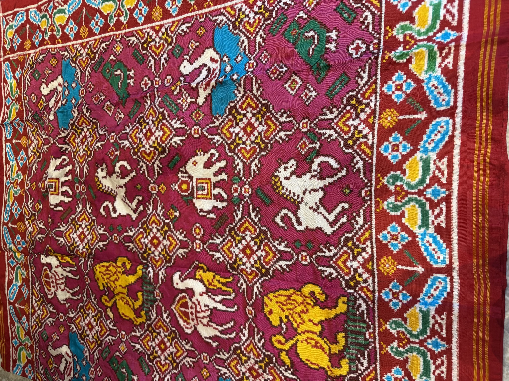 Double Ikat Patan Patola Silk Saree in Crimson & Magenta — Animal Bhat — Patan Patola, Pure Silk, Patan, Gujarat, view 8