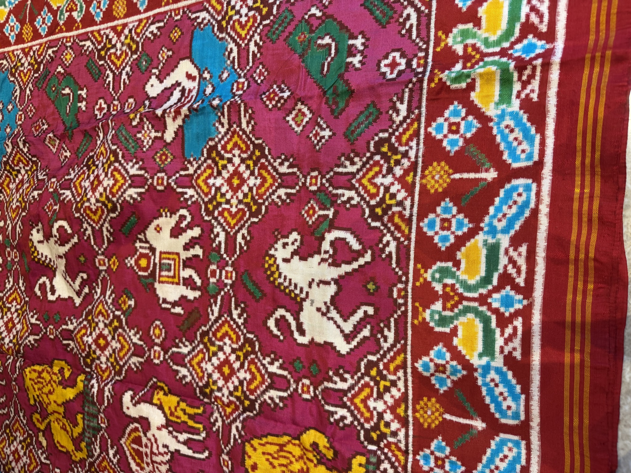Double Ikat Patan Patola Silk Saree in Crimson & Magenta — Animal Bhat — Patan Patola, Pure Silk, Patan, Gujarat, view 9
