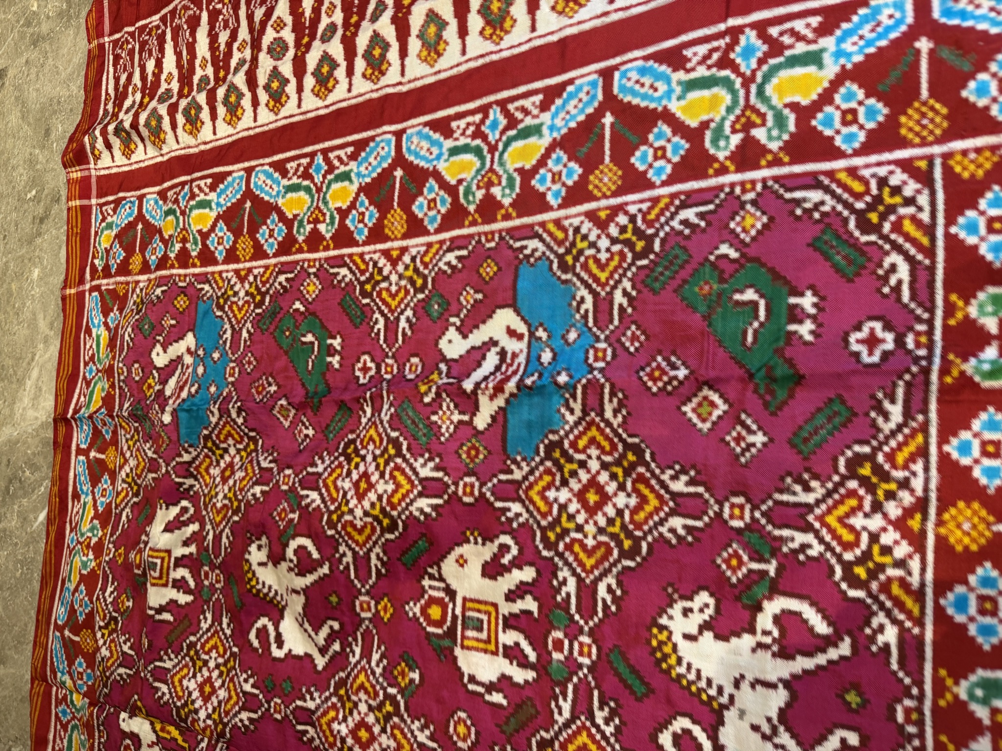 Double Ikat Patan Patola Silk Saree in Crimson & Magenta — Animal Bhat — Patan Patola, Pure Silk, Patan, Gujarat, view 10