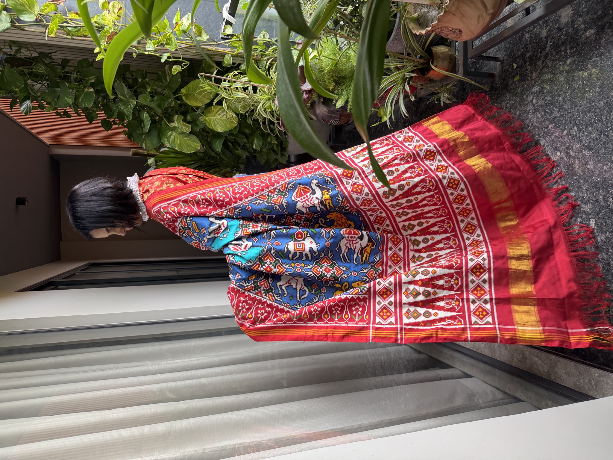 Double Ikat Patan Patola Silk Saree in Red & Blue — Animal Bhat — Patan Patola, Pure Silk, Patan, Gujarat, view 5