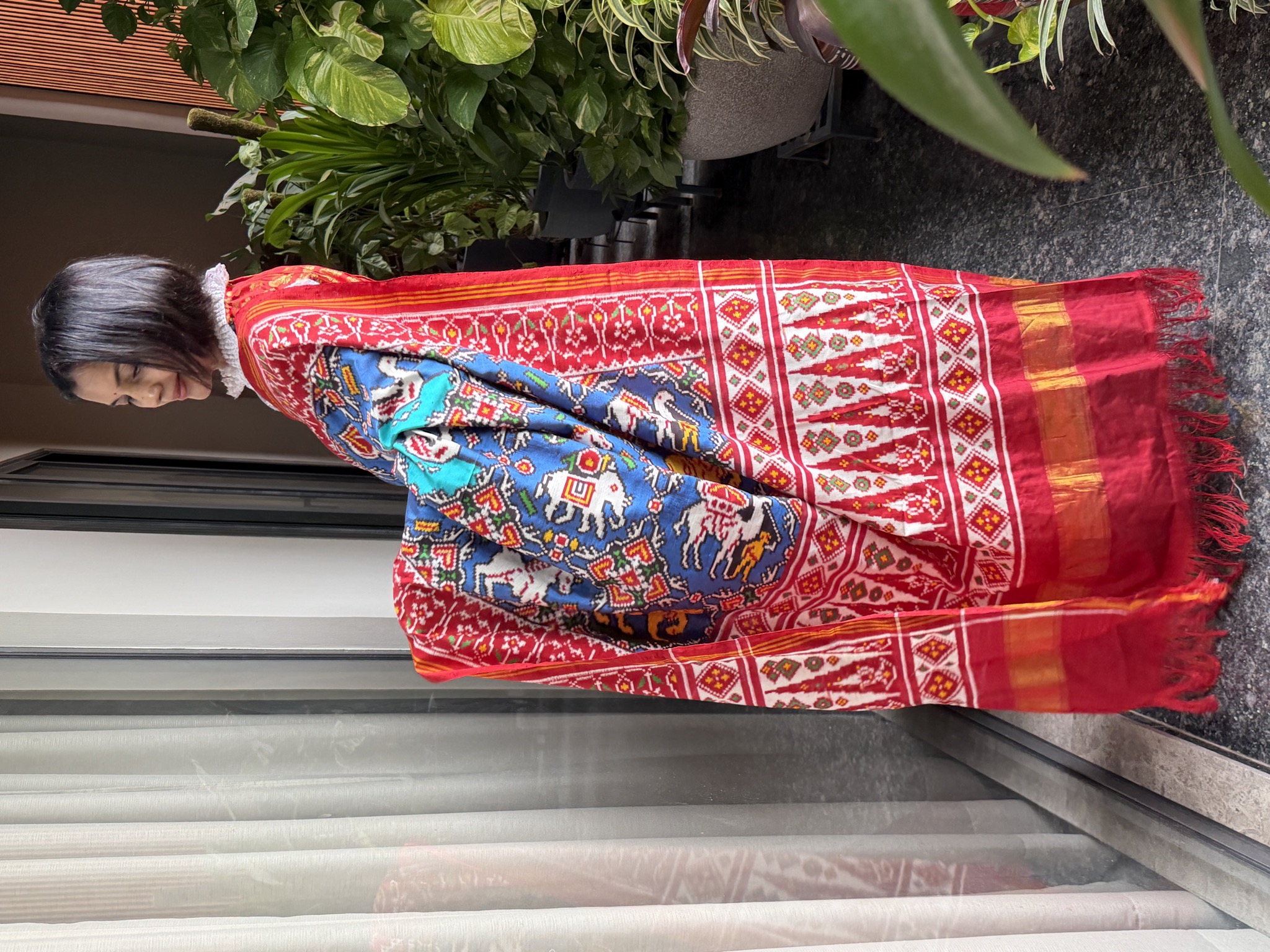 Double Ikat Patan Patola Silk Saree in Red & Blue — Animal Bhat — Patan Patola, Pure Silk, Patan, Gujarat, view 6