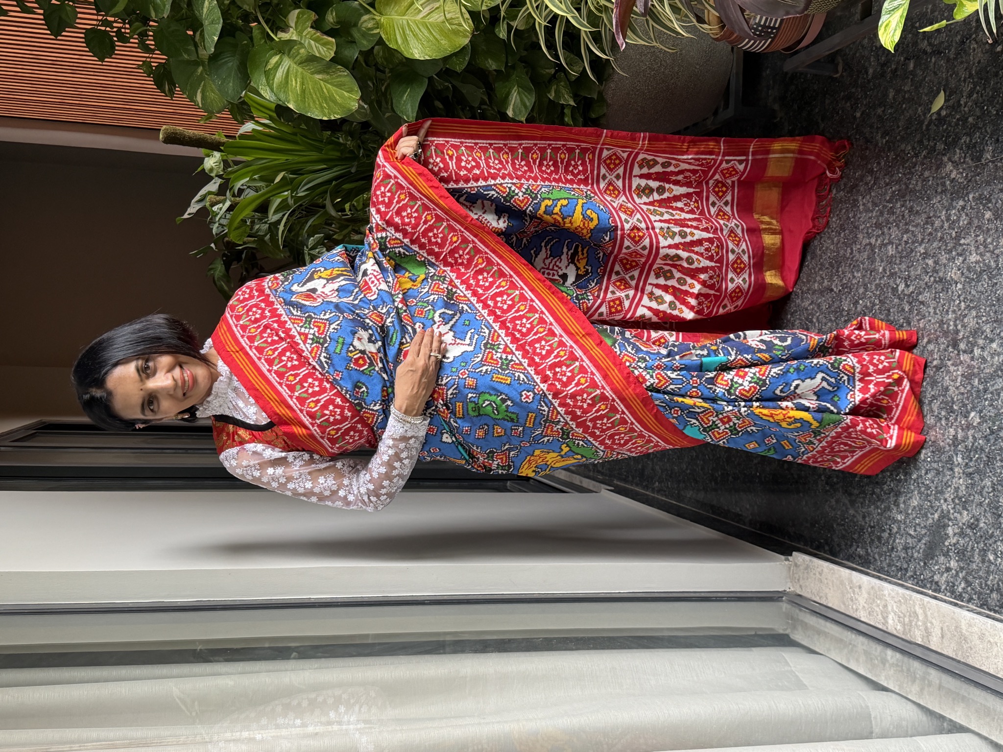 Double Ikat Patan Patola Silk Saree in Red & Blue — Animal Bhat — Patan Patola, Pure Silk, Patan, Gujarat
