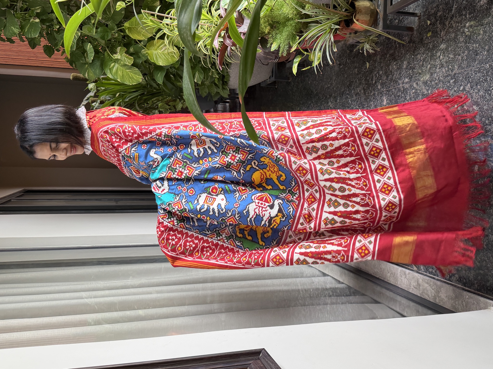 Double Ikat Patan Patola Silk Saree in Red & Blue — Animal Bhat — Patan Patola, Pure Silk, Patan, Gujarat, view 7