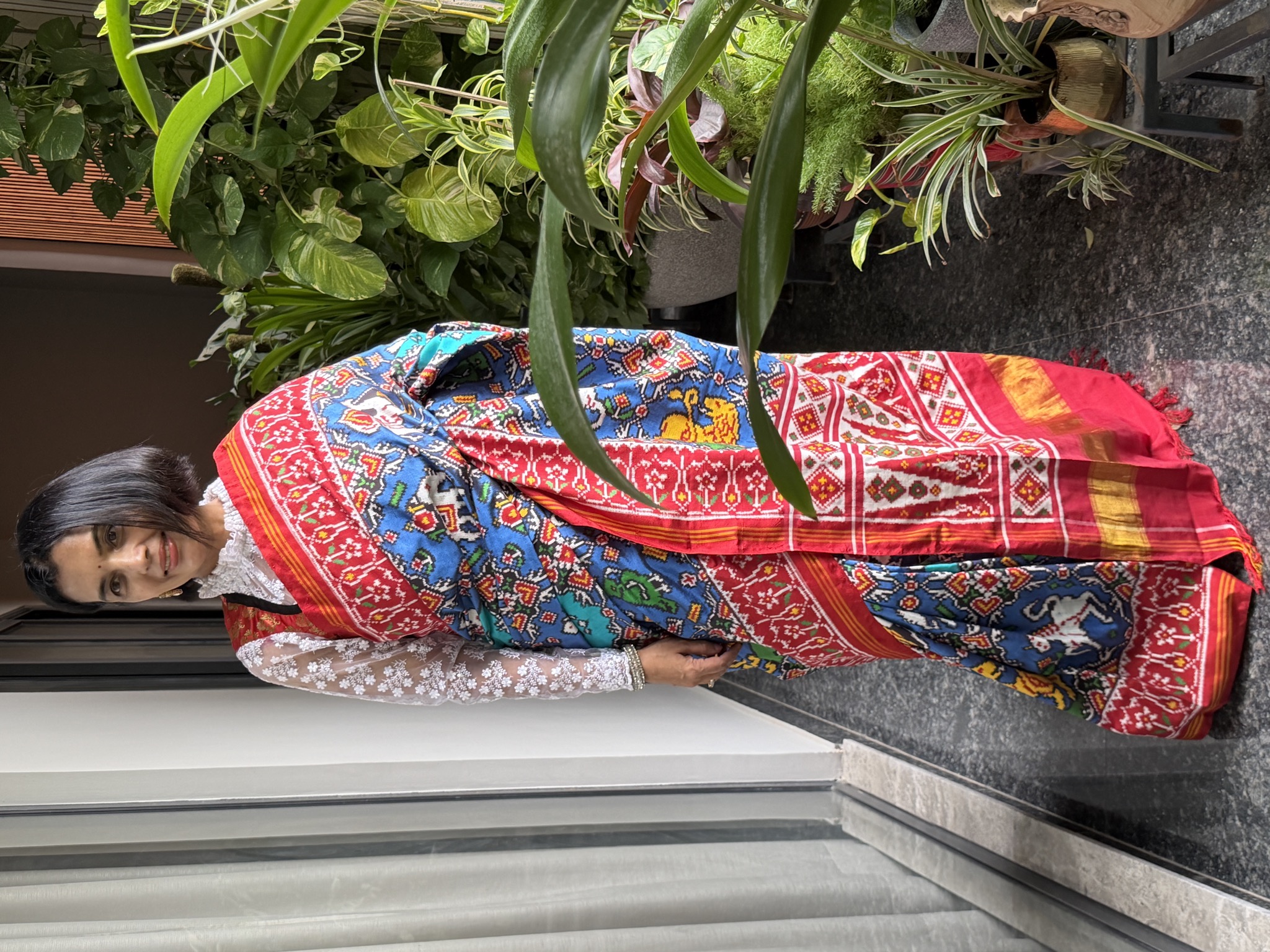 Double Ikat Patan Patola Silk Saree in Red & Blue — Animal Bhat — Patan Patola, Pure Silk, Patan, Gujarat, view 3