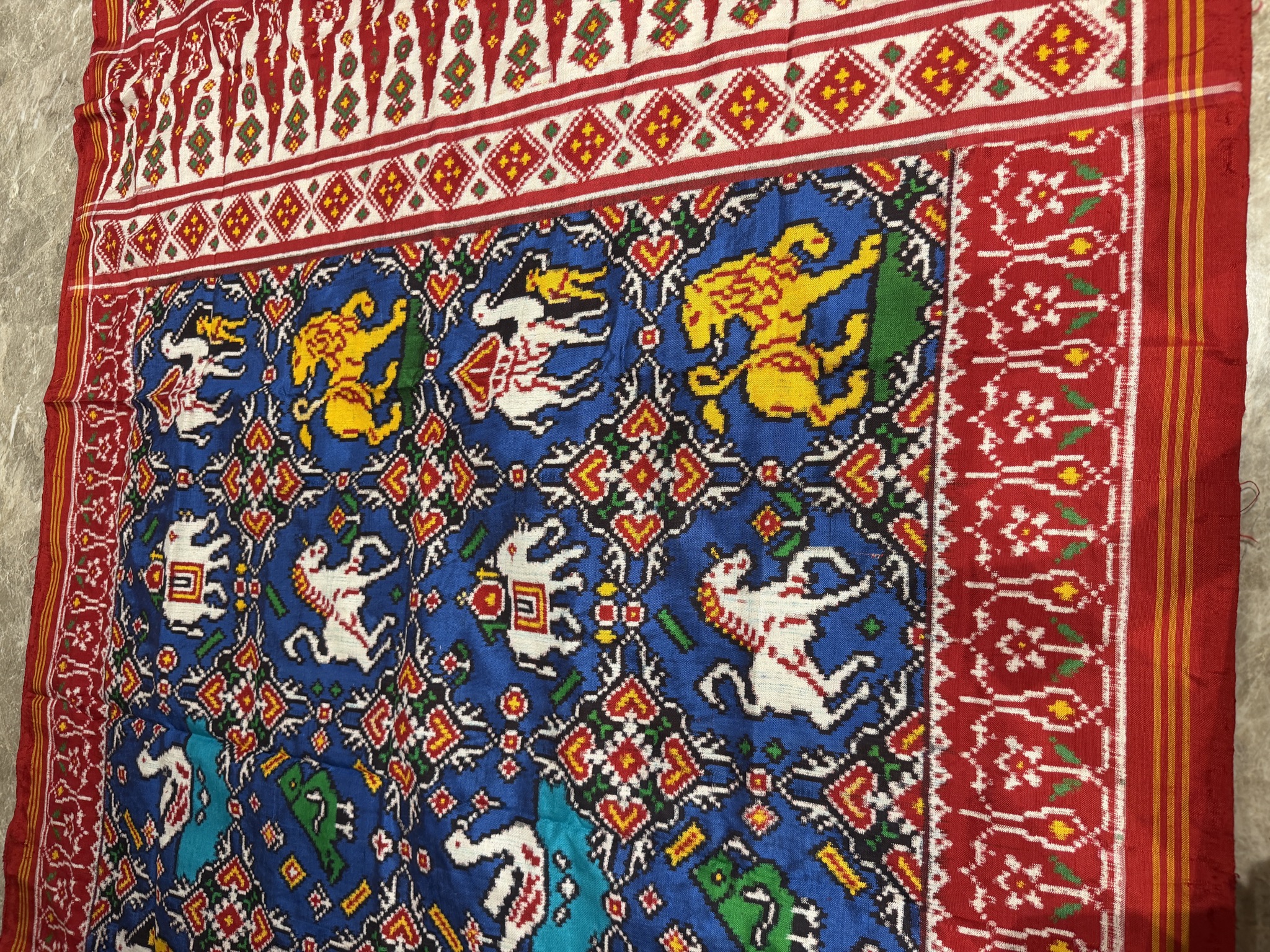 Double Ikat Patan Patola Silk Saree in Red & Blue — Animal Bhat — Patan Patola, Pure Silk, Patan, Gujarat, view 8