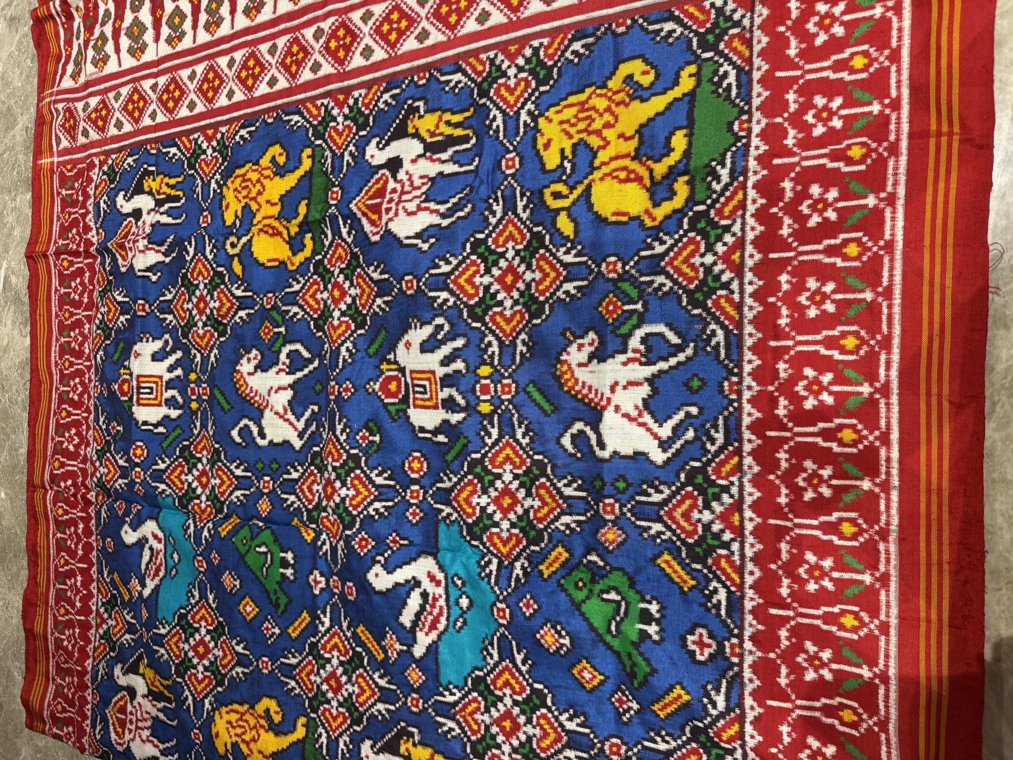 Double Ikat Patan Patola Silk Saree in Red & Blue — Animal Bhat — Patan Patola, Pure Silk, Patan, Gujarat, view 9