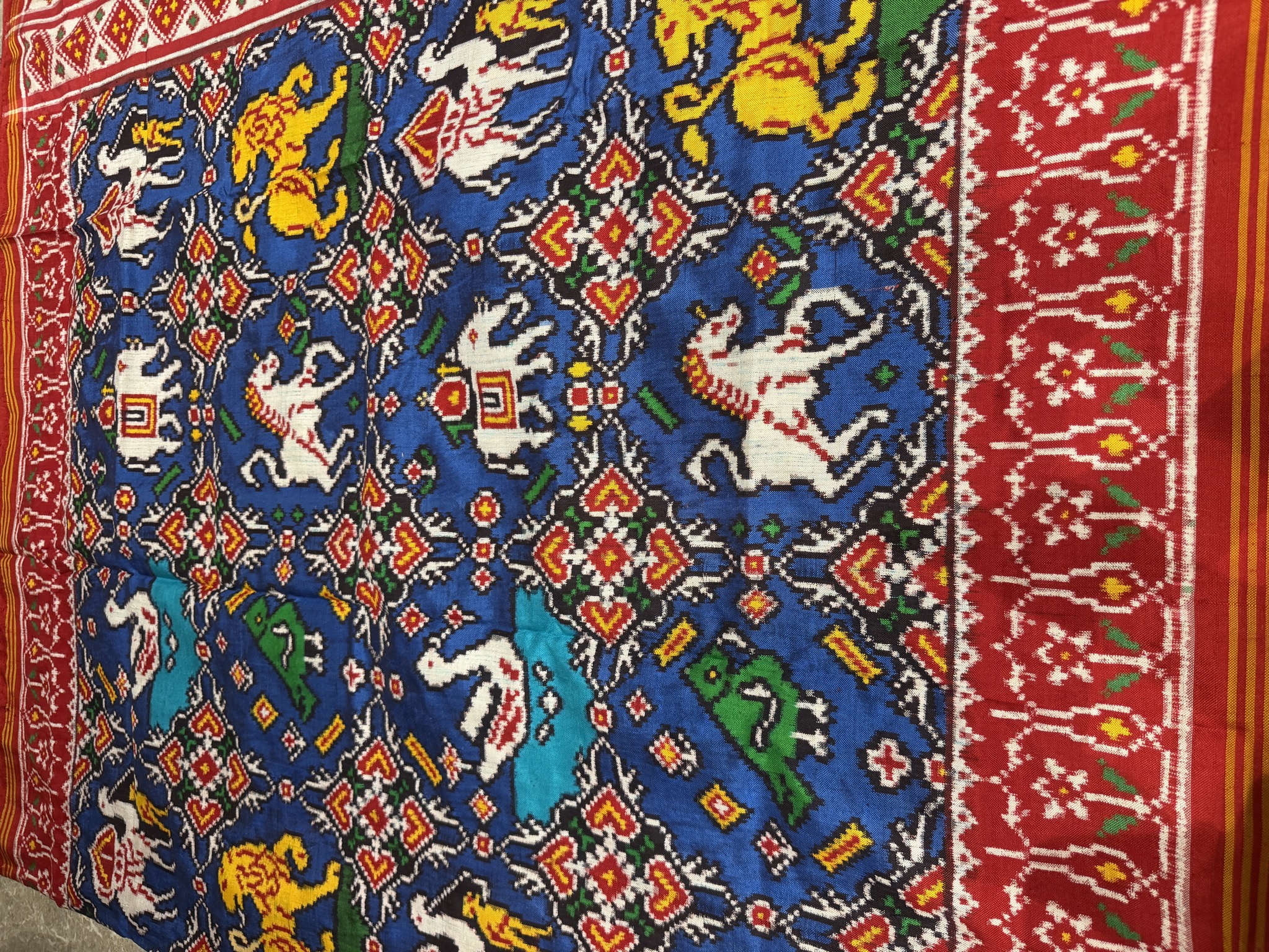 Double Ikat Patan Patola Silk Saree in Red & Blue — Animal Bhat — Patan Patola, Pure Silk, Patan, Gujarat, view 11