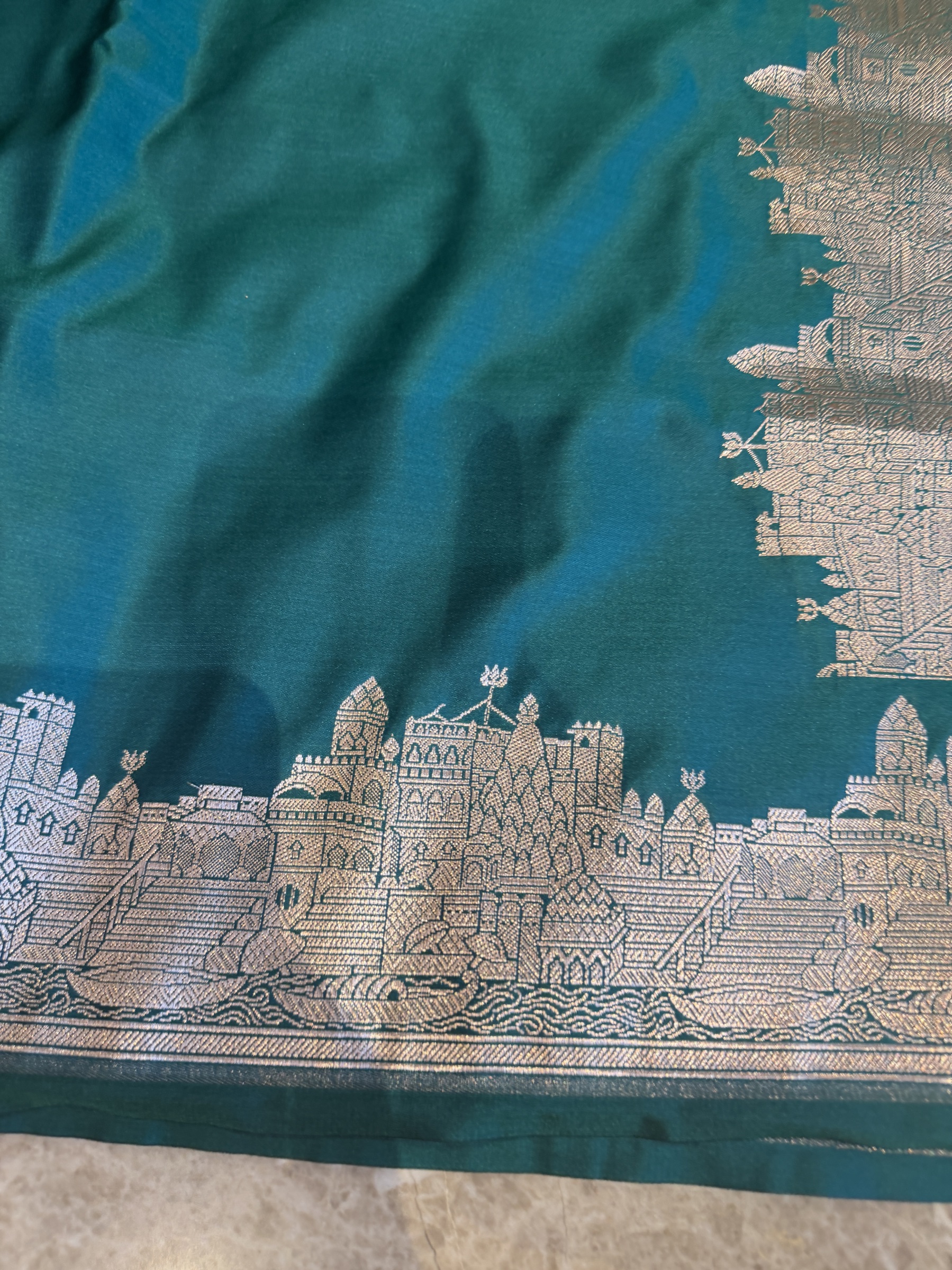 Peacock Green Mushroo Silk Banarasi — Kashi Assi 80 Ghat — Banarasi, Mushroo Silk, Varanasi, Uttar Pradesh, view 3