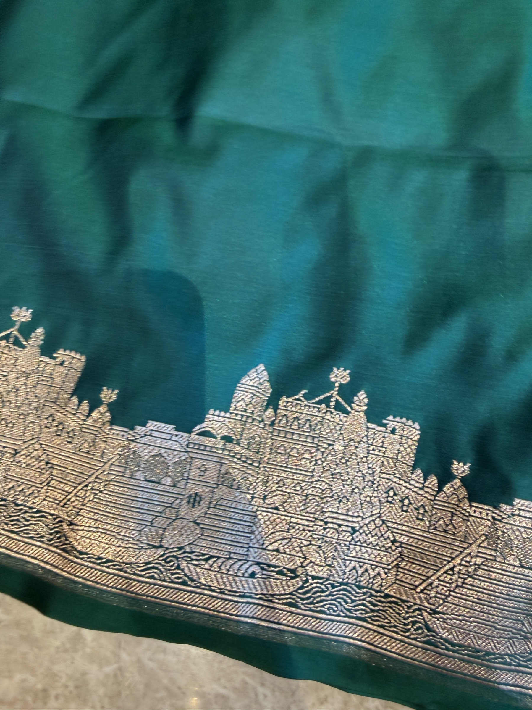 Peacock Green Mushroo Silk Banarasi — Kashi Assi 80 Ghat — Banarasi, Mushroo Silk, Varanasi, Uttar Pradesh, view 4