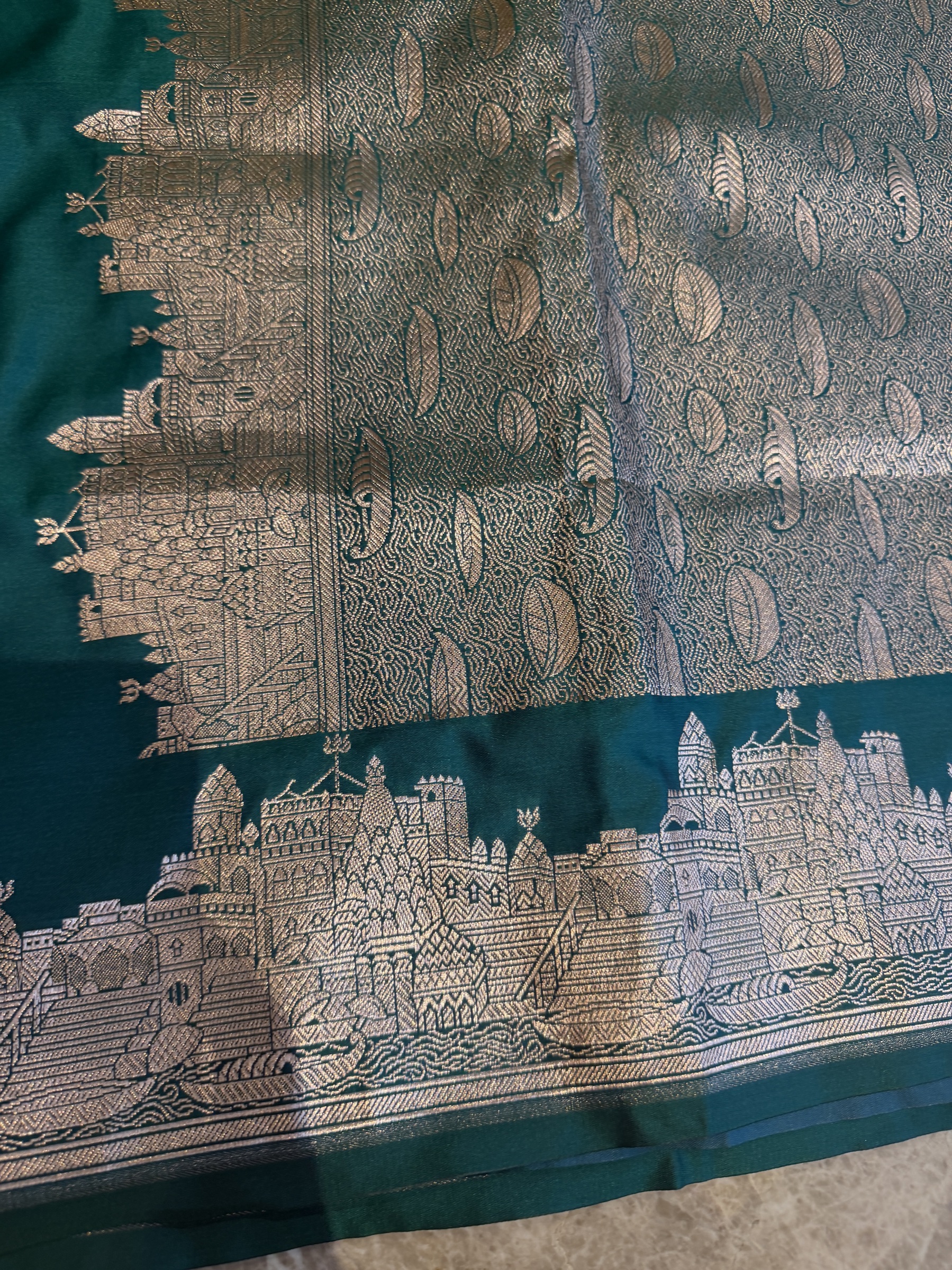 Peacock Green Mushroo Silk Banarasi — Kashi Assi 80 Ghat — Banarasi, Mushroo Silk, Varanasi, Uttar Pradesh, view 5