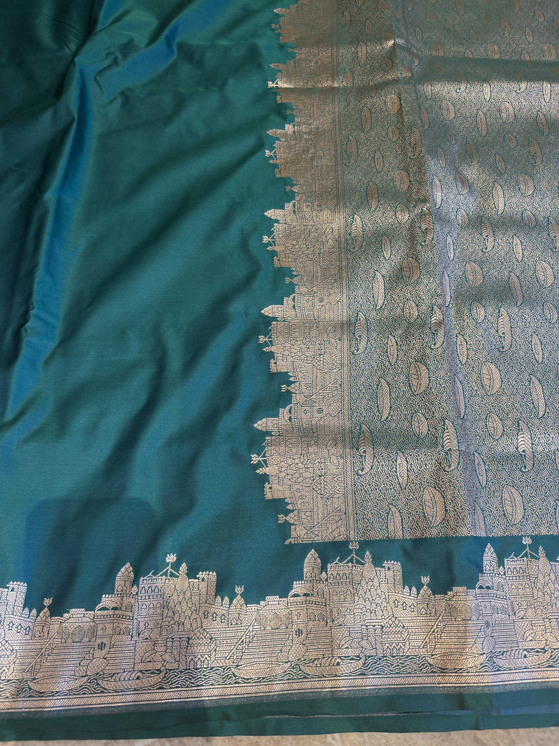 Peacock Green Mushroo Silk Banarasi — Kashi Assi 80 Ghat — Banarasi, Mushroo Silk, Varanasi, Uttar Pradesh, view 6