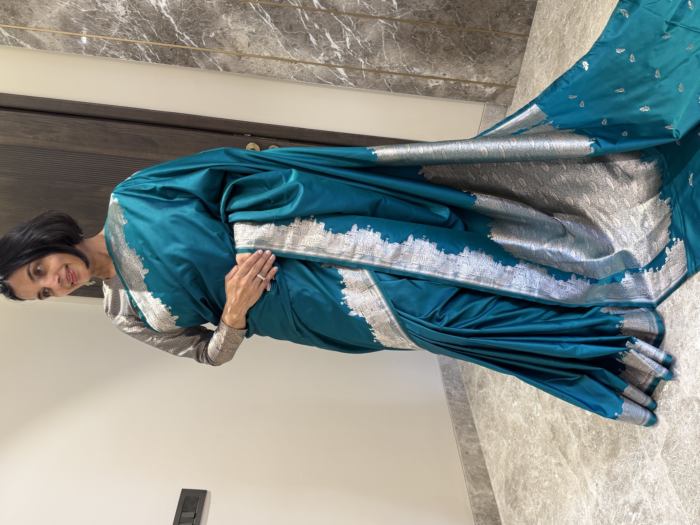 Peacock Green Mushroo Silk Banarasi — Kashi Assi 80 Ghat — Banarasi, Mushroo Silk, Varanasi, Uttar Pradesh, view 2