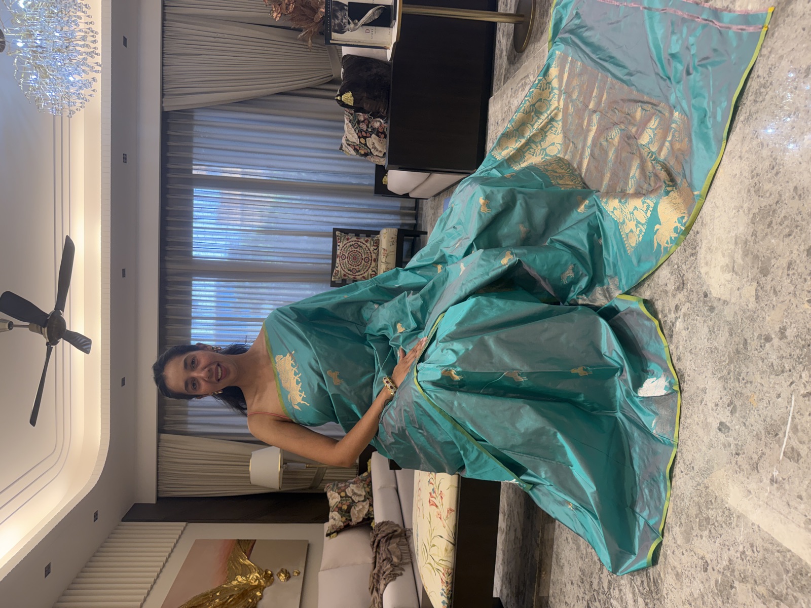 Peacock Teal Dual-Colour Kaduwa Banarasi Saree with Horse Motifs — Banarasi, Katan Silk, Varanasi, Uttar Pradesh