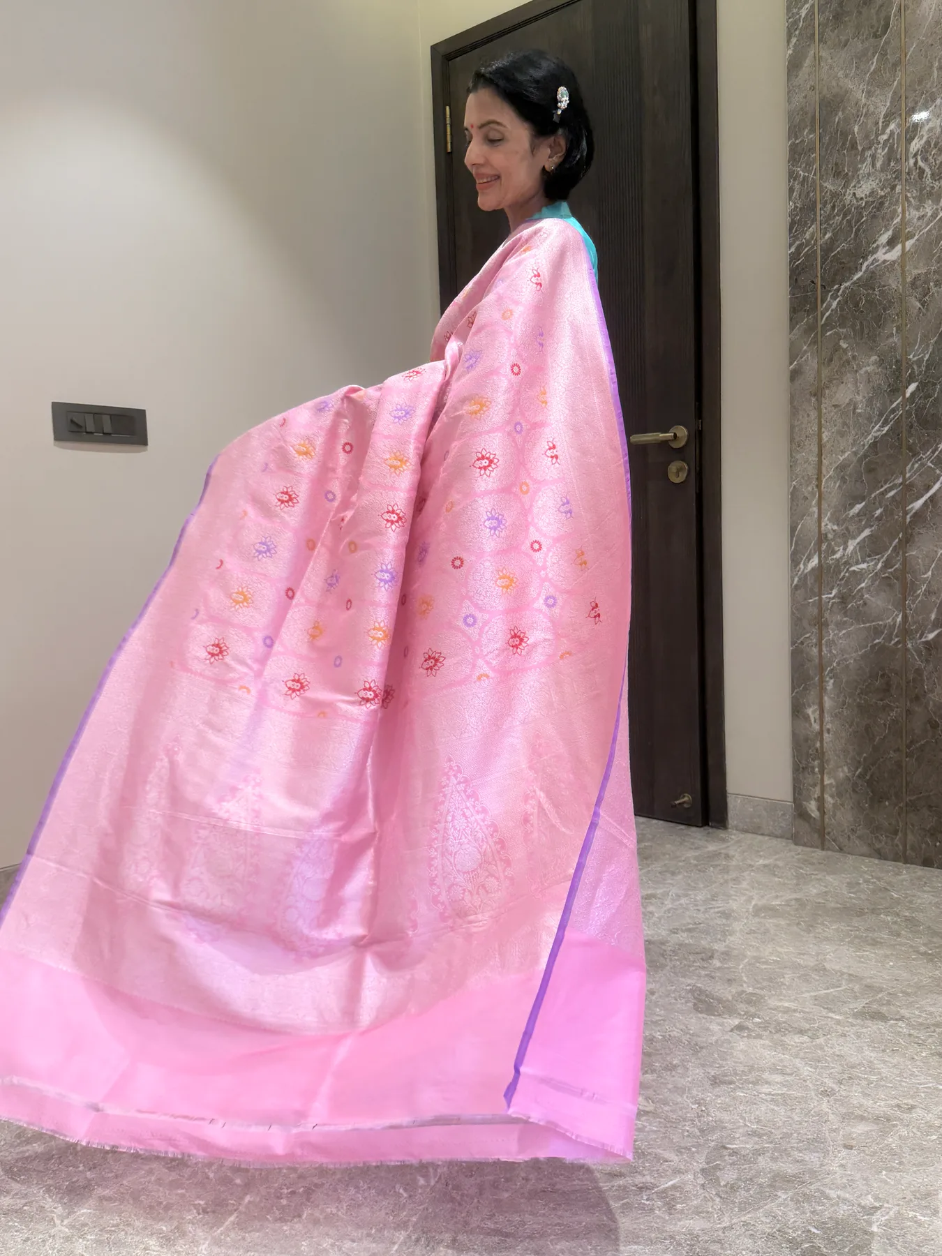 Pink silk brocade Khimkhaab Kaduwa locked-weave Banarasi saree with silver-tone zari and Tilfi Meena – view 4