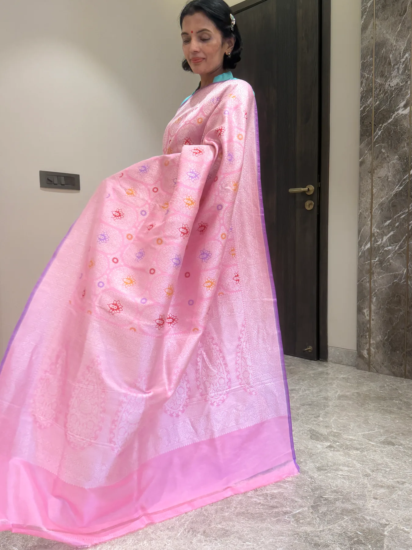 Pink silk brocade Khimkhaab Kaduwa locked-weave Banarasi saree with silver-tone zari and Tilfi Meena – view 3