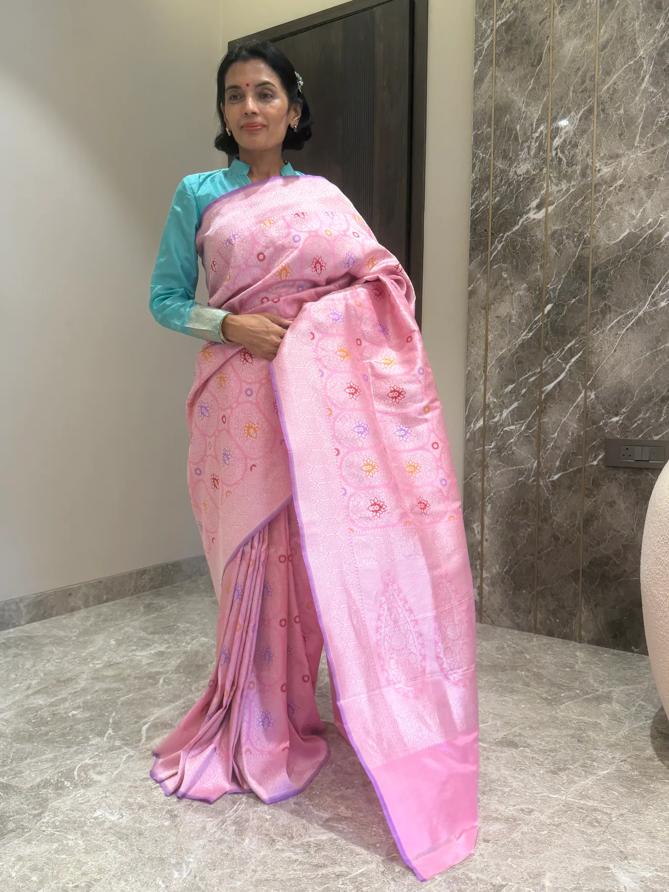 Pink silk brocade Khimkhaab Kaduwa locked-weave Banarasi saree with silver-tone zari and Tilfi Meena – view 2