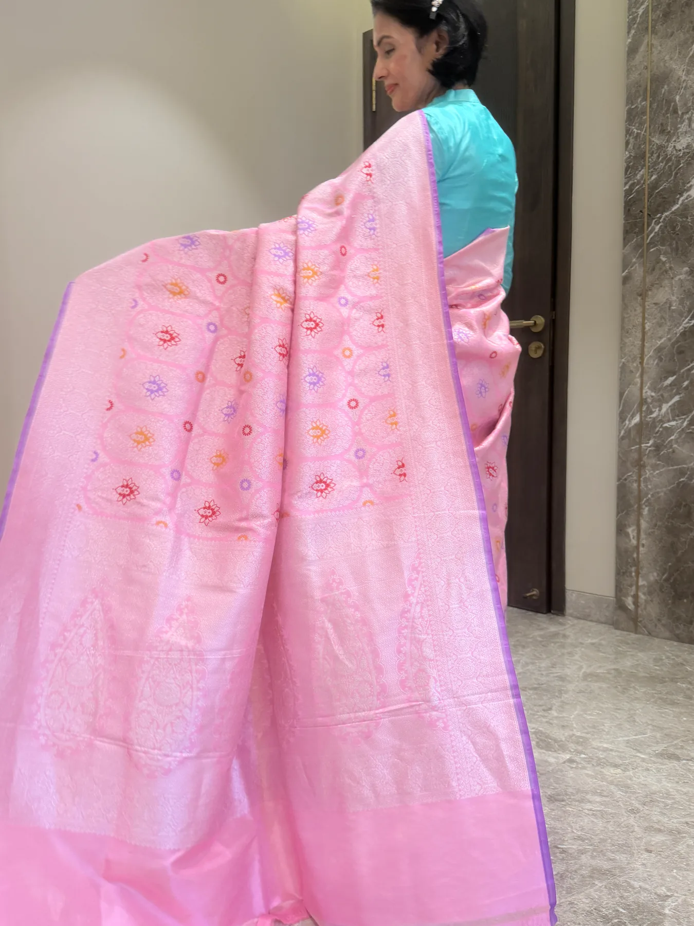 Pink silk brocade Khimkhaab Kaduwa locked-weave Banarasi saree with silver-tone zari and Tilfi Meena – view 5