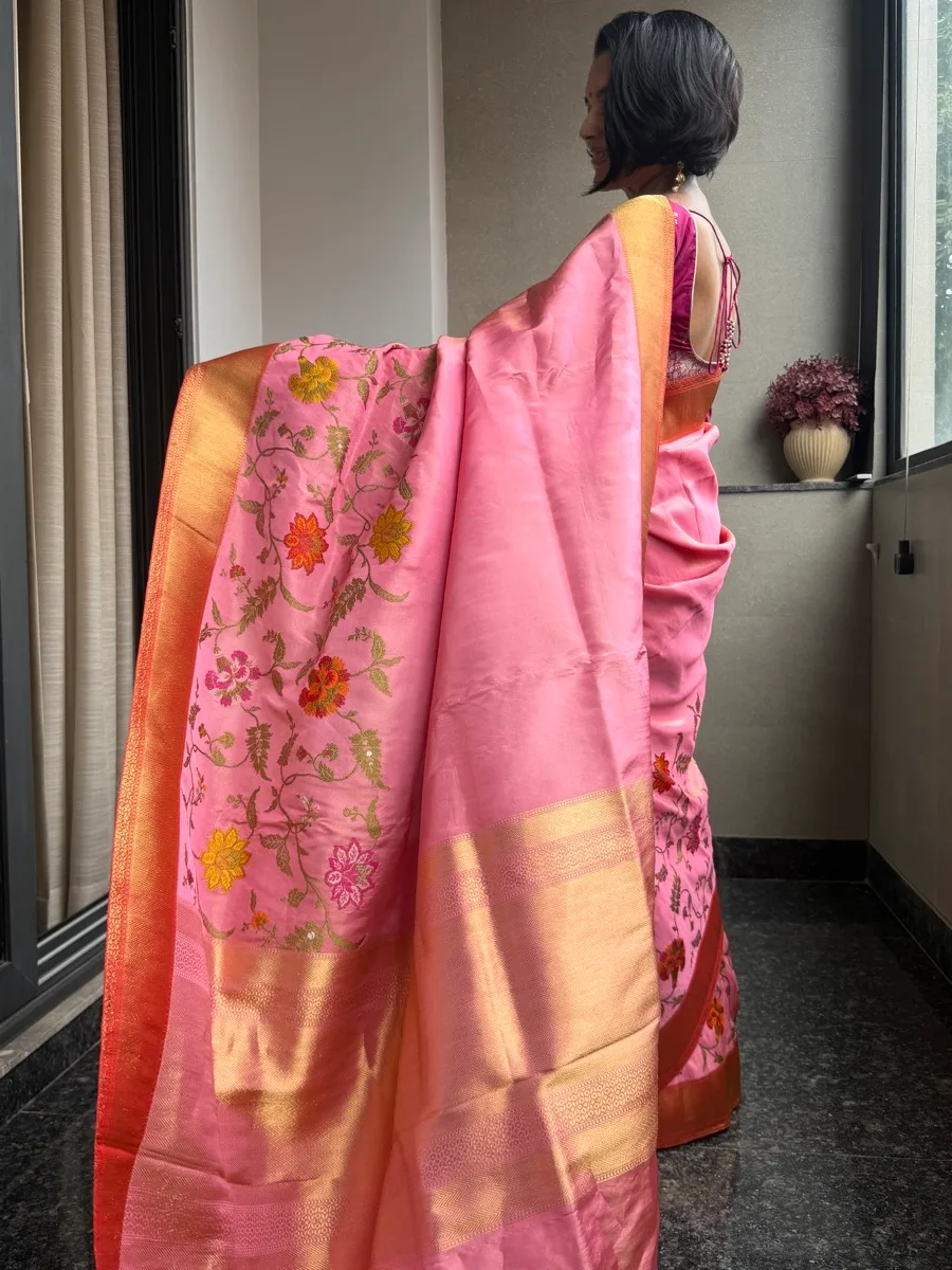 Pink Tissue Katan Silk Multi-Meena Kaduwa Banarasi Saree — Banarasi, Tissue Katan Silk, Varanasi, Uttar Pradesh, view 5